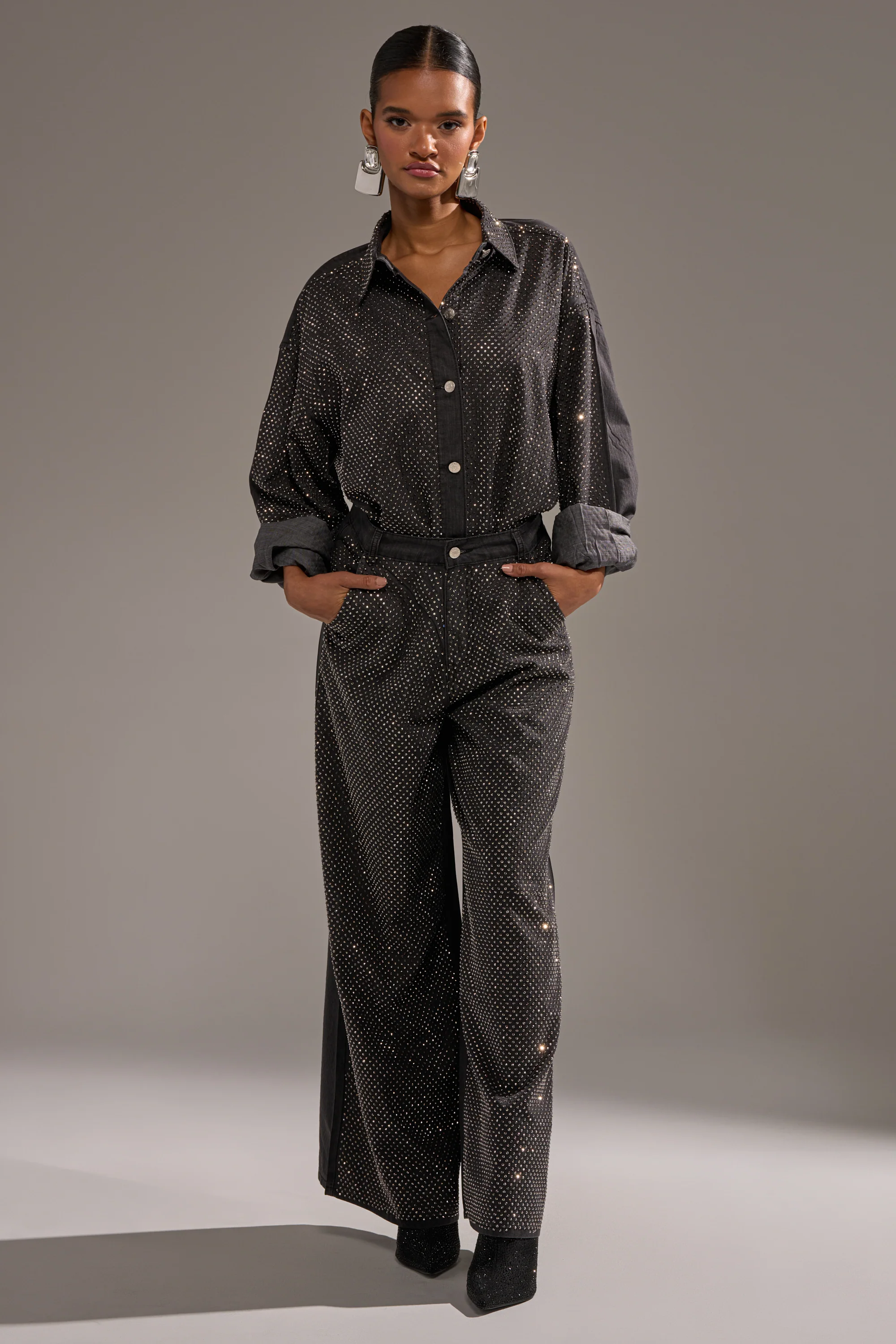 BLING BLING DENIM RELAXED PANT IN BLACK - Image 5
