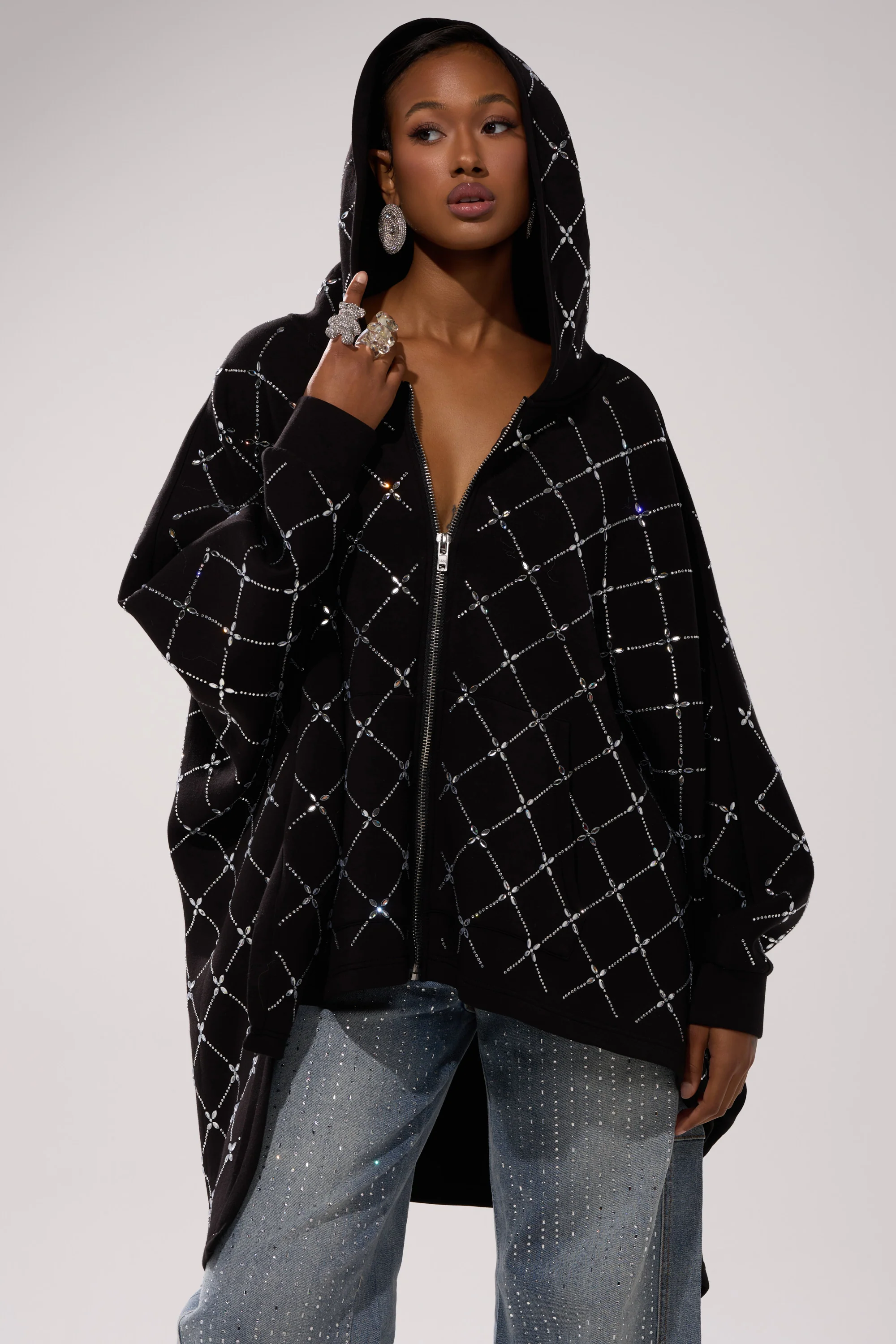 BLING BLING OVERSIZED ZIP UP SWEATSHIRT