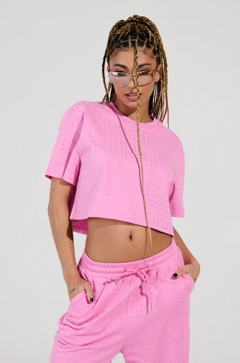 BLOSSOM RHINESTONE EMBELLISHED CROPPED T-SHIRT IN PINK - Image 2