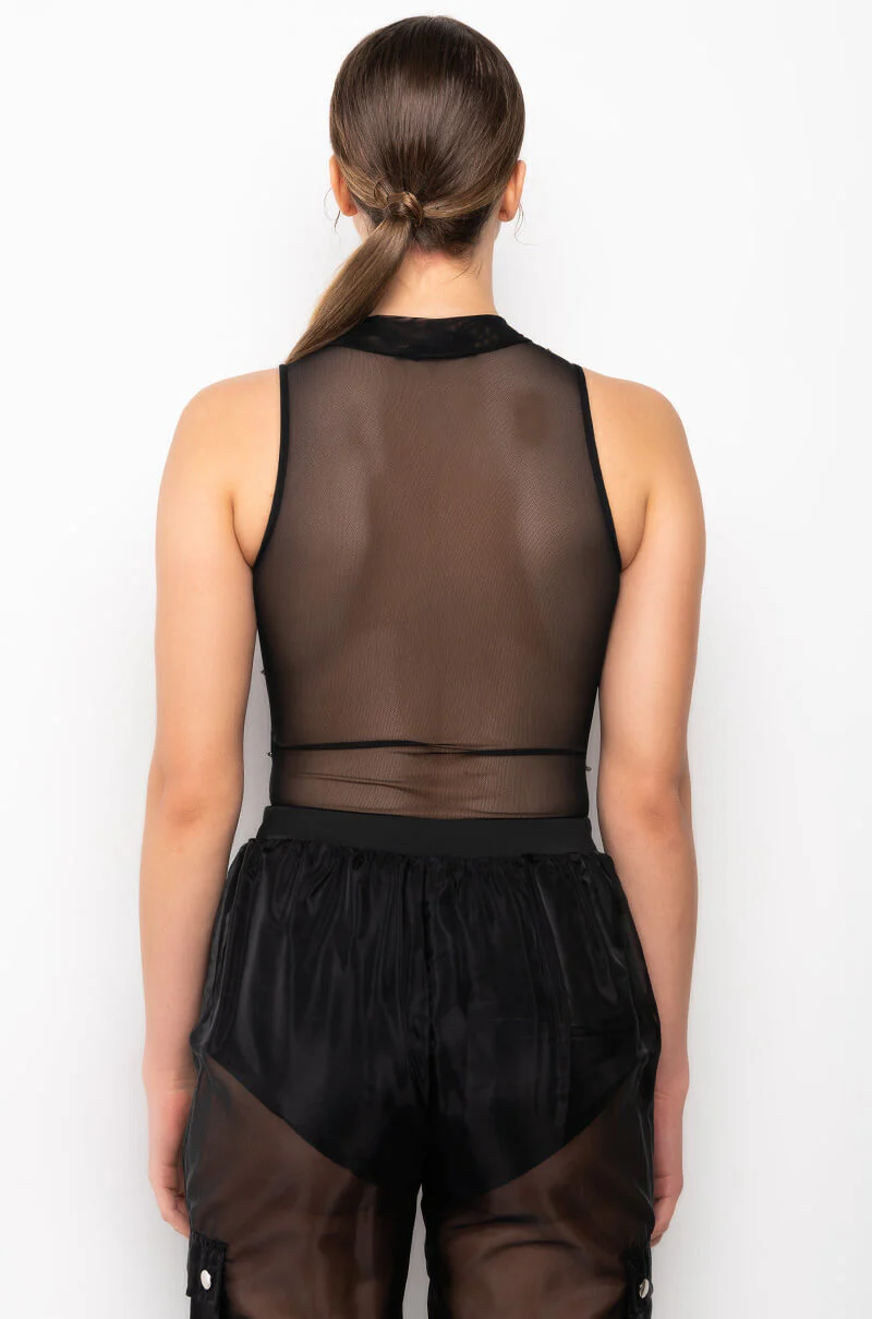 BOUT TIME RHINESTONE CHAIN SLEEVELESS MOCK NECK MESH BODYSUIT - Image 11
