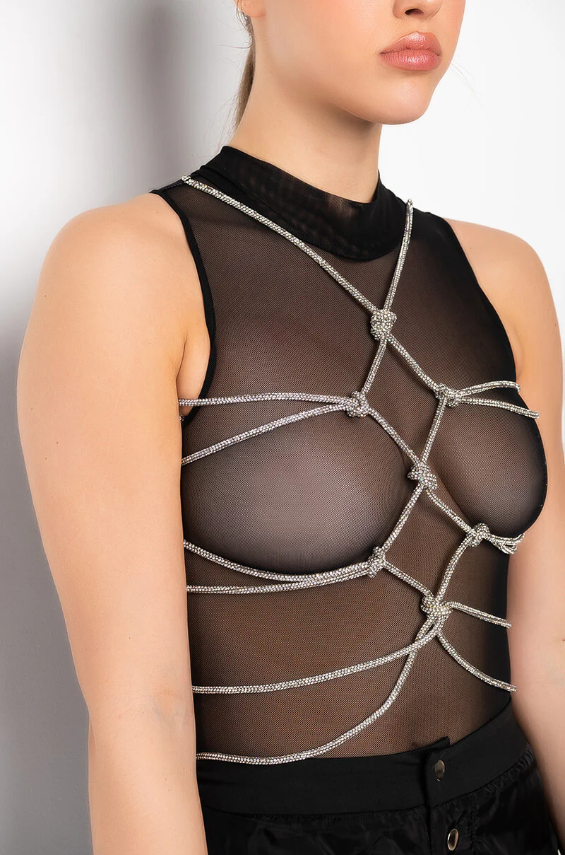 BOUT TIME RHINESTONE CHAIN SLEEVELESS MOCK NECK MESH BODYSUIT - Image 13