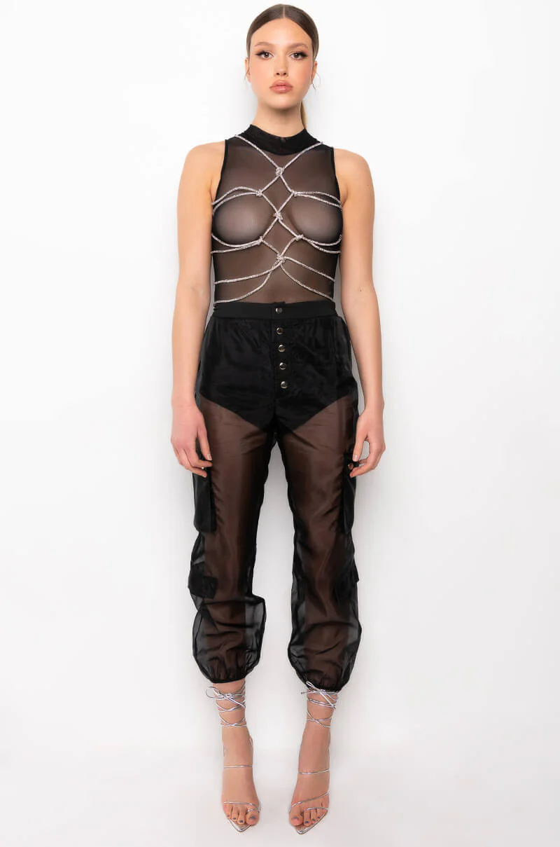 BOUT TIME RHINESTONE CHAIN SLEEVELESS MOCK NECK MESH BODYSUIT - Image 14