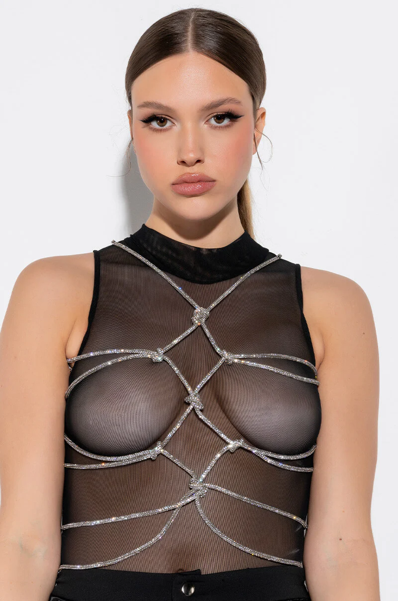 BOUT TIME RHINESTONE CHAIN SLEEVELESS MOCK NECK MESH BODYSUIT - Image 3