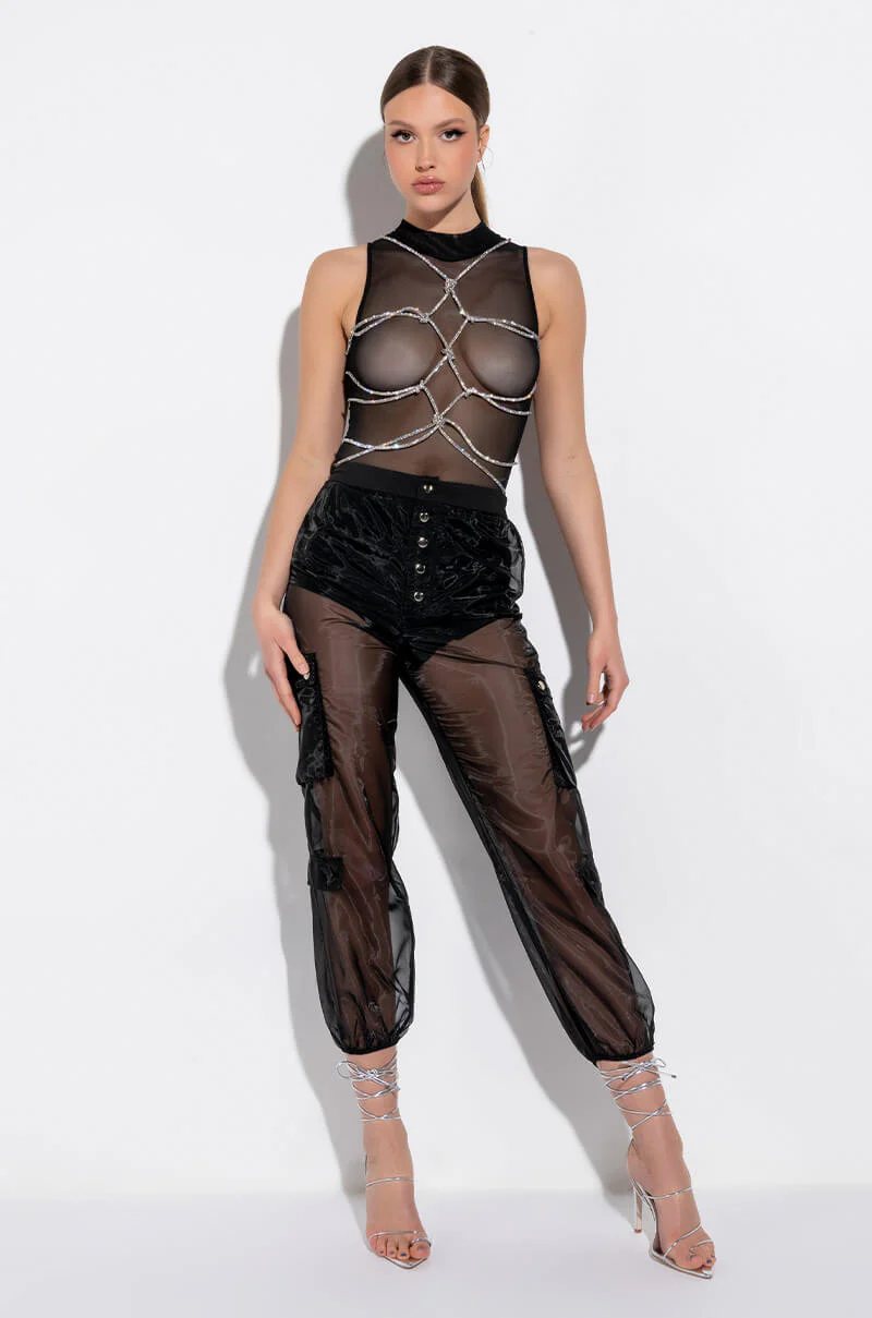 BOUT TIME RHINESTONE CHAIN SLEEVELESS MOCK NECK MESH BODYSUIT - Image 5