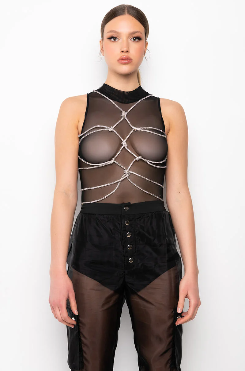 BOUT TIME RHINESTONE CHAIN SLEEVELESS MOCK NECK MESH BODYSUIT - Image 7