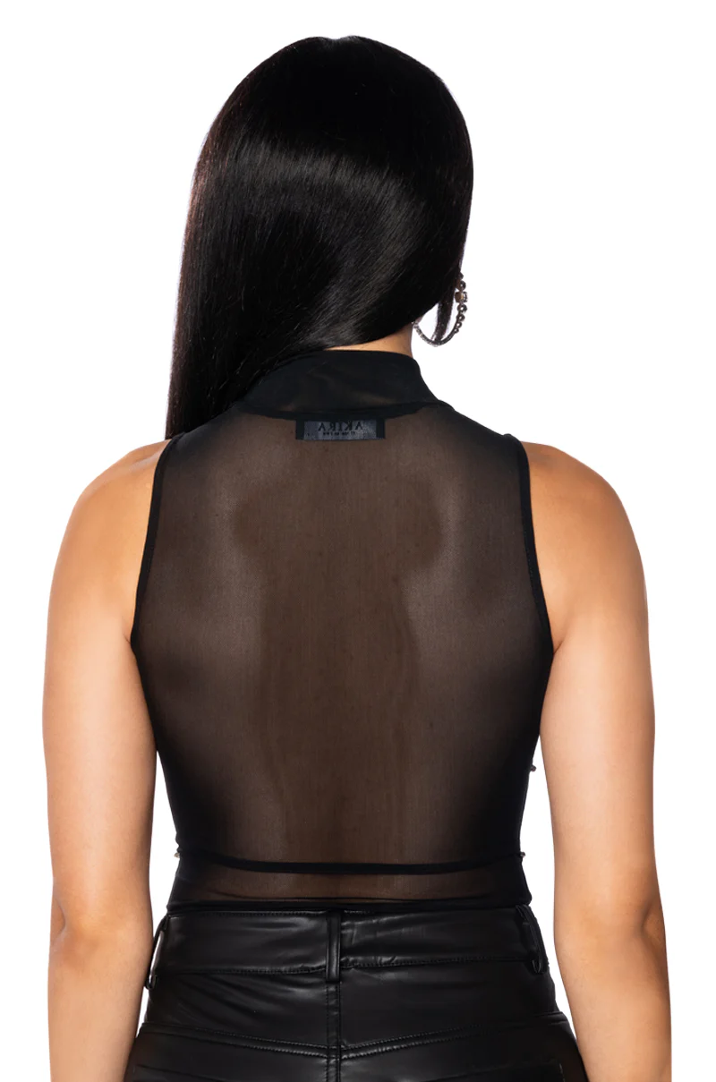 BOUT TIME RHINESTONE CHAIN SLEEVELESS MOCK NECK MESH BODYSUIT - Image 8