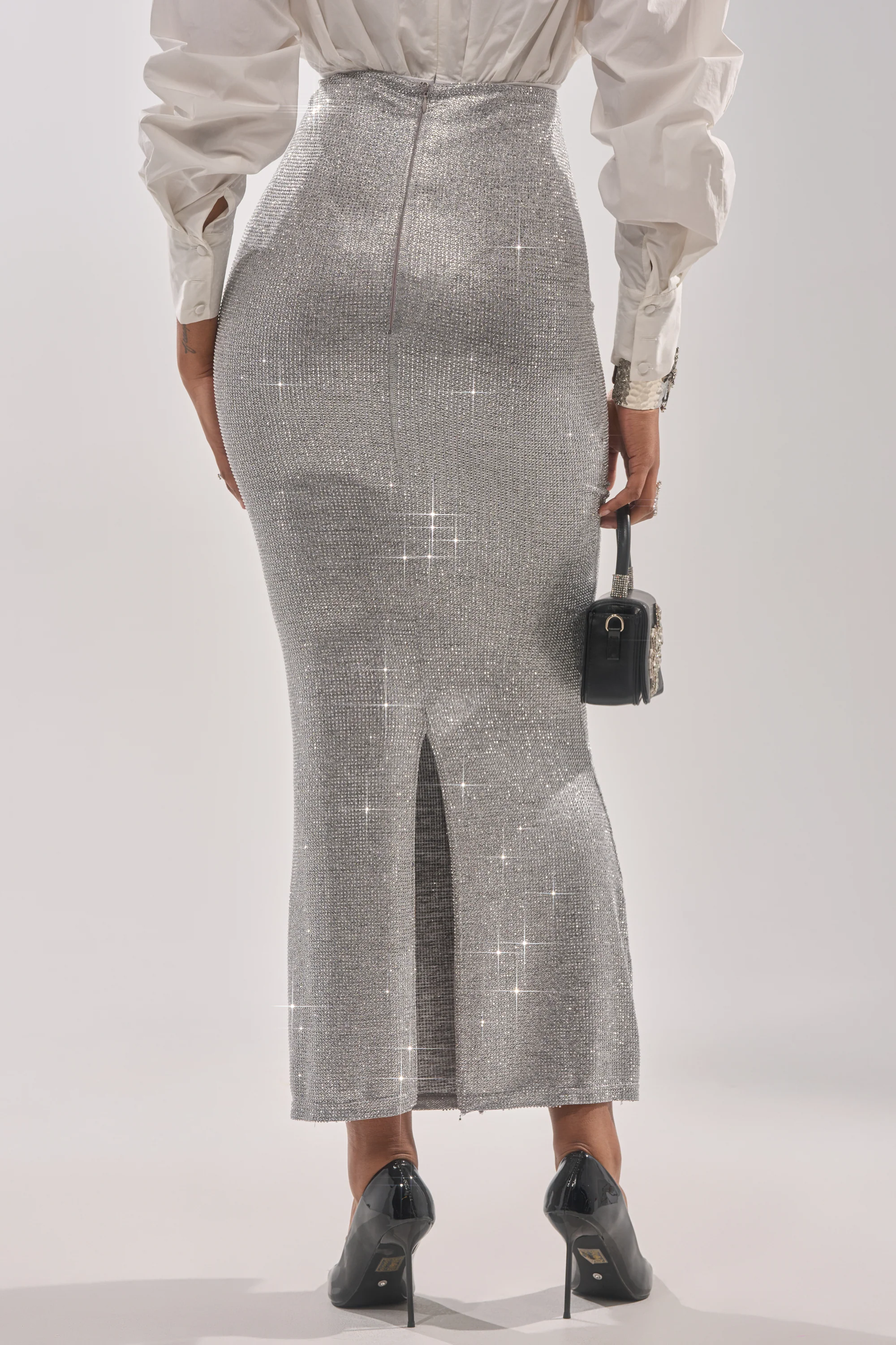 BRIGHT LIGHTS RHINESTONE MAXI SKIRT IN SILVER - Image 4