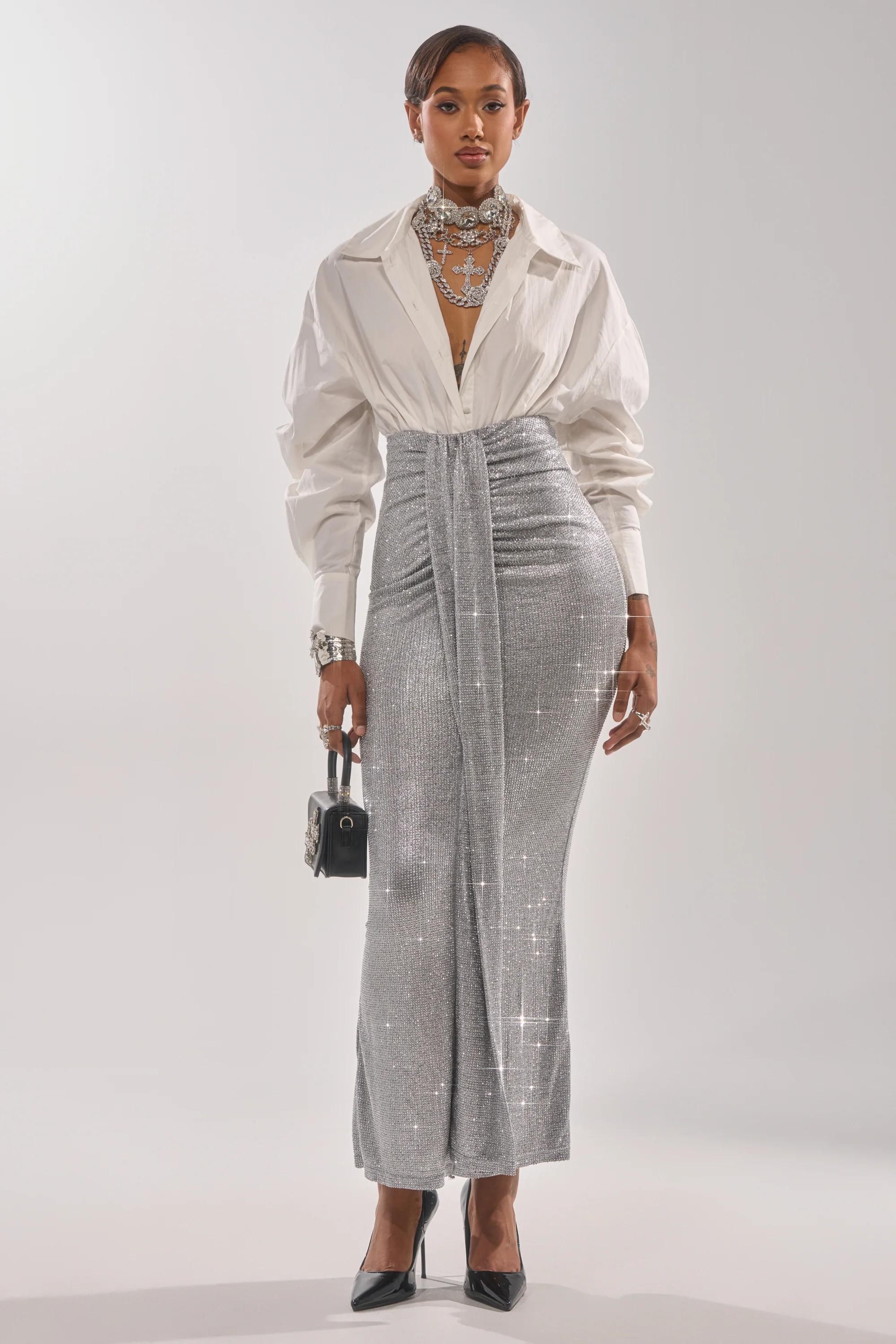 BRIGHT LIGHTS RHINESTONE MAXI SKIRT IN SILVER - Image 5