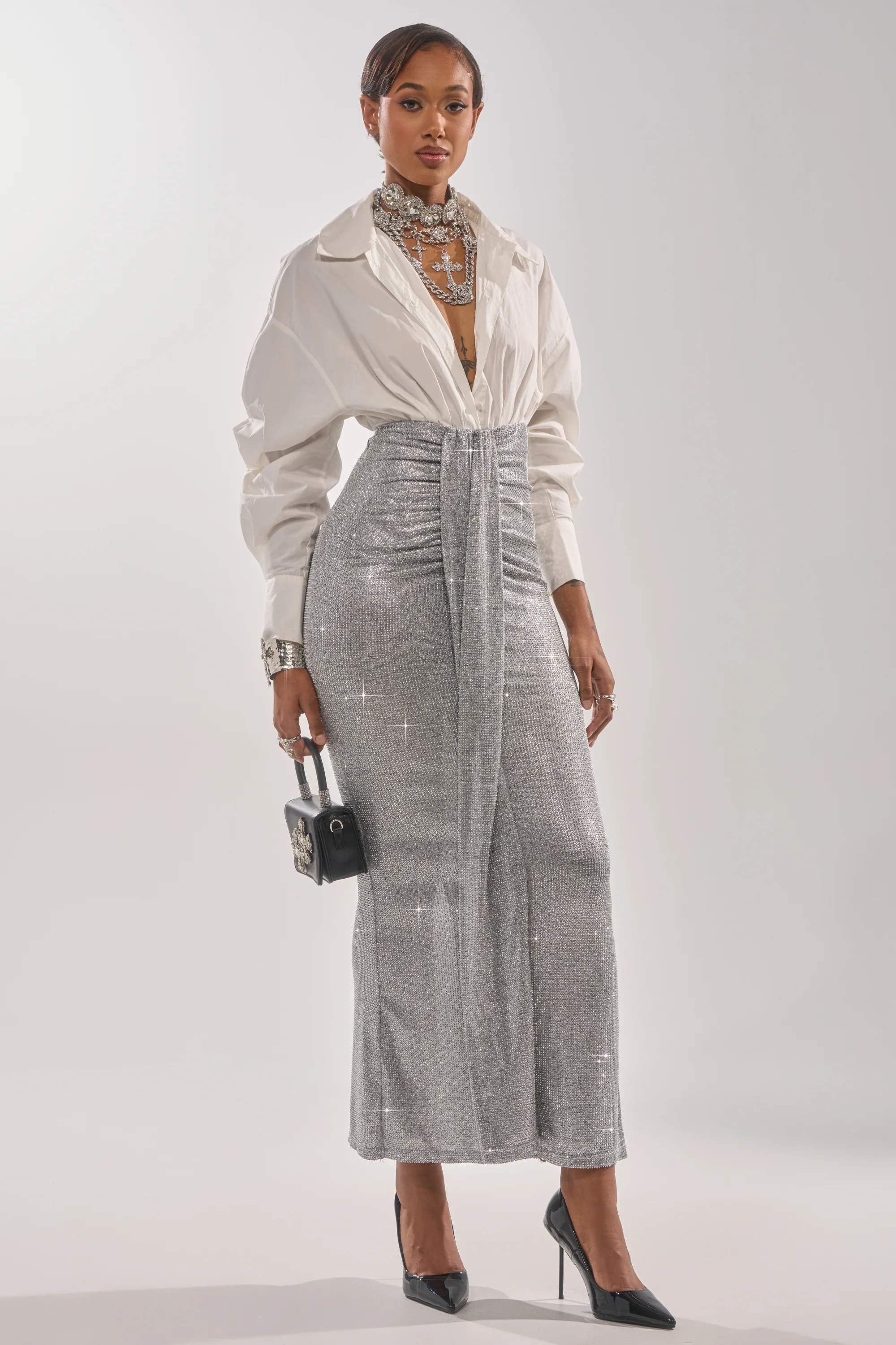 BRIGHT LIGHTS RHINESTONE MAXI SKIRT IN SILVER - Image 6