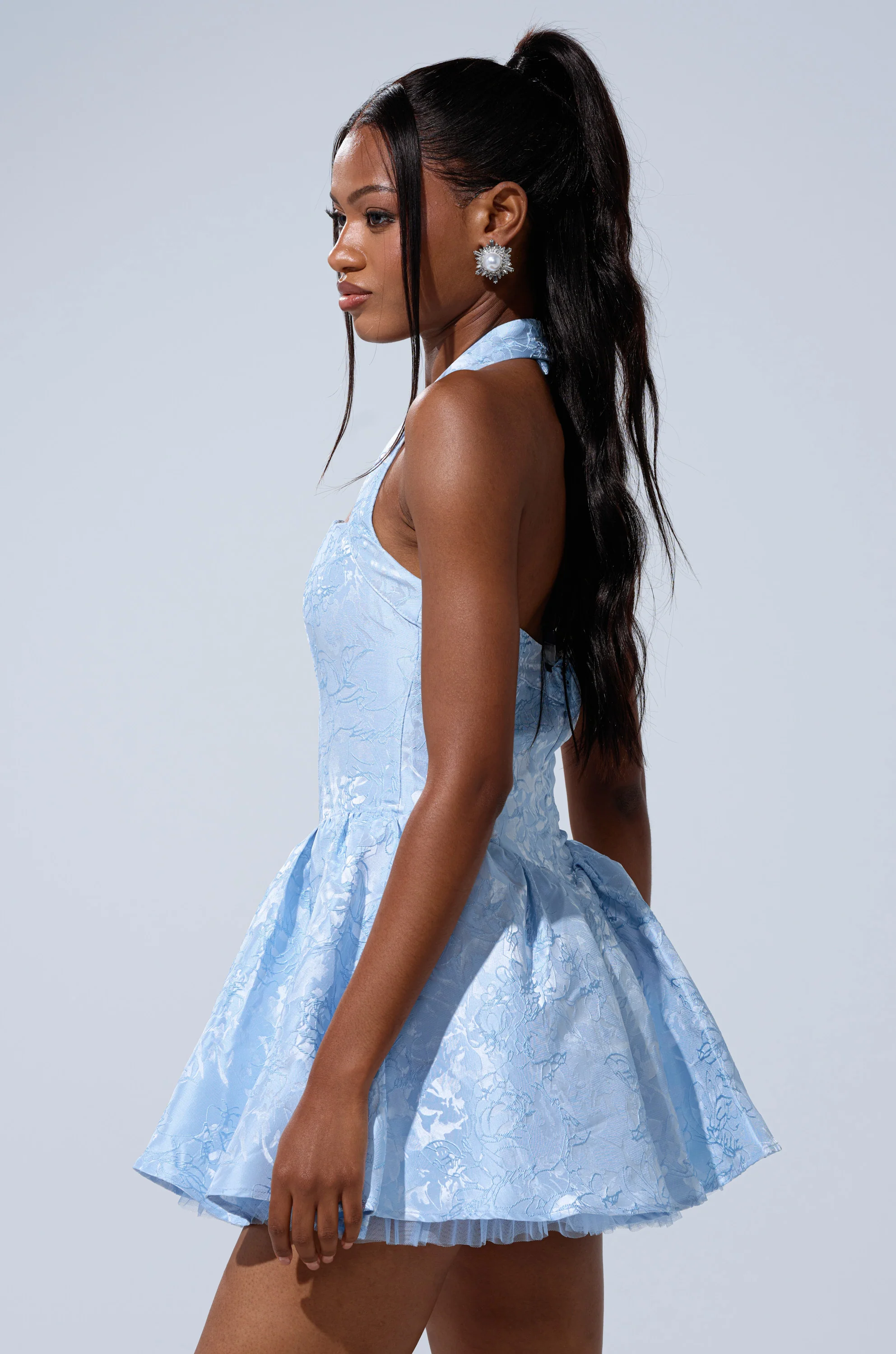 BRINA BROCADE MINI DRESS IN BLUE - Image 3