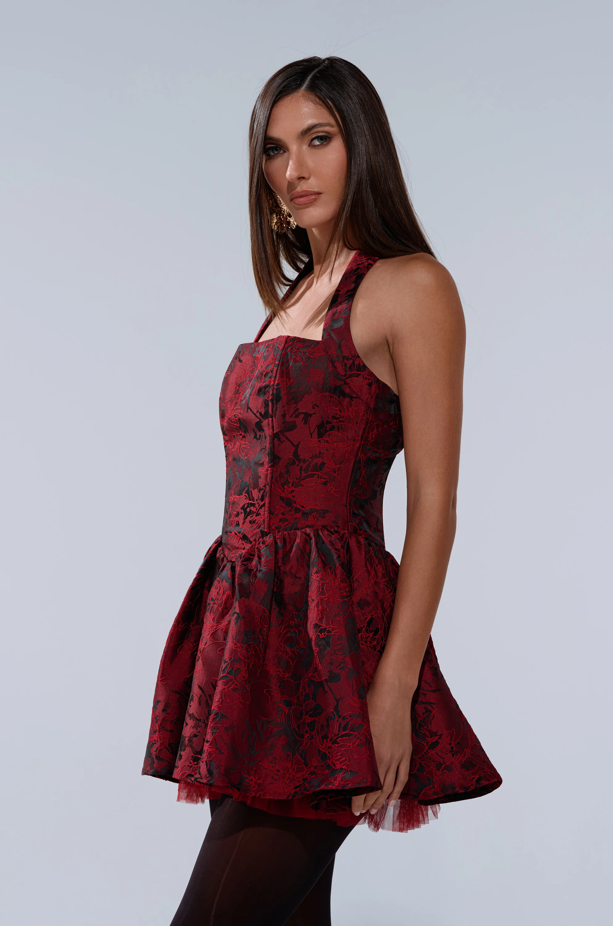 BRINA BROCADE MINI DRESS IN BURGUNDY - Image 7