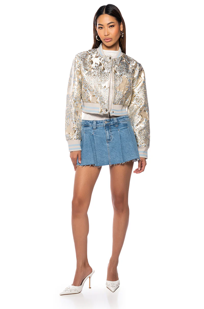 BROCADE TAPESTRY VARSITY BOMBER IN BLUE MULTI - Image 3