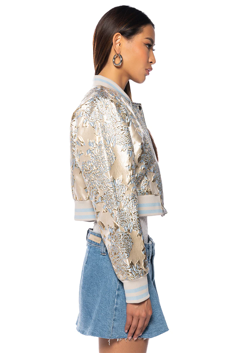BROCADE TAPESTRY VARSITY BOMBER IN BLUE MULTI - Image 4