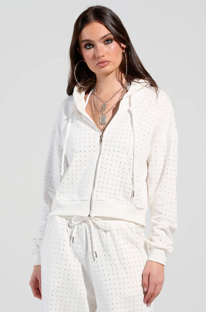 BUBBLES RHINESTONE EMBELLISHED ZIP UP SWEATSHIRT IN WHITE - Image 2