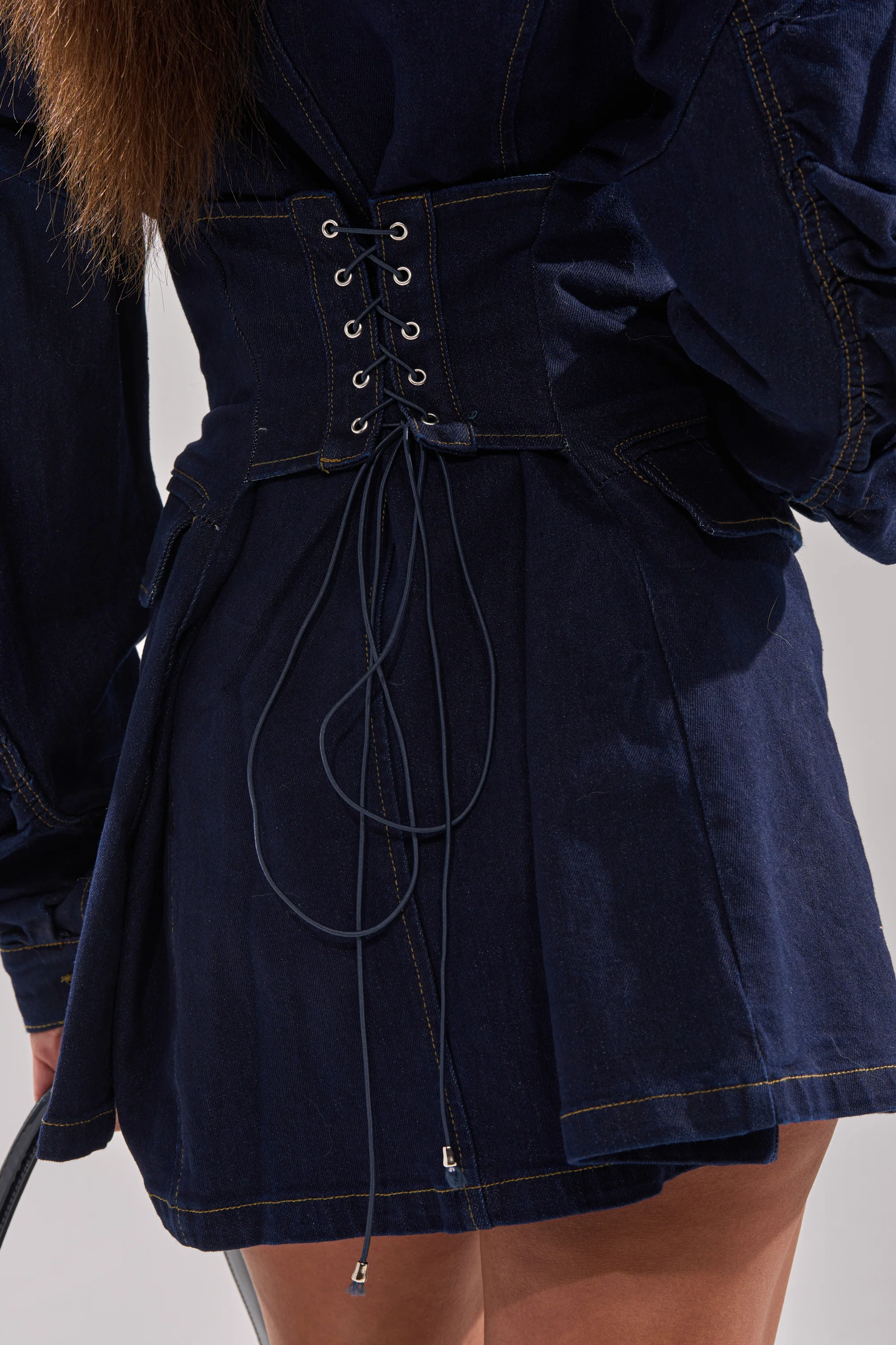 BUSINESS MEETING CHIC BLAZER DRESS AND LEG WARMER SET IN DENIM - Image 9