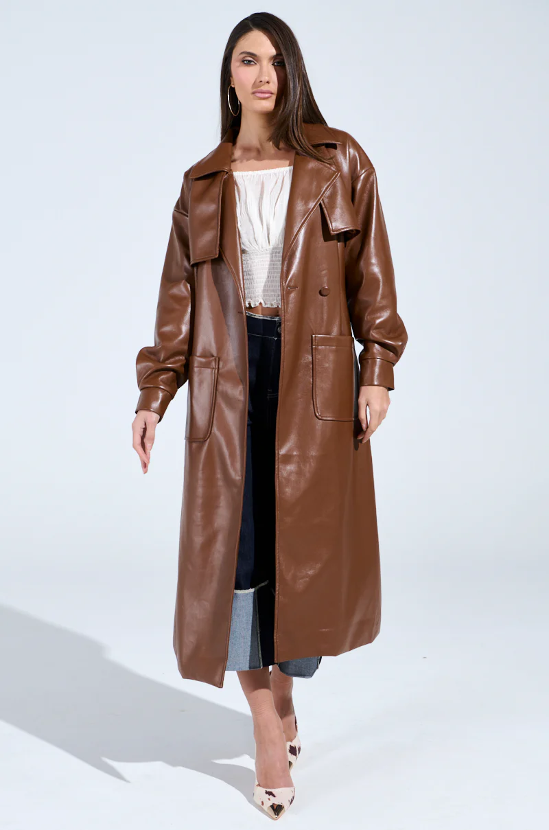 BUTTER LUXE FAUX LEATHER TRENCH IN BROWN - Image 5