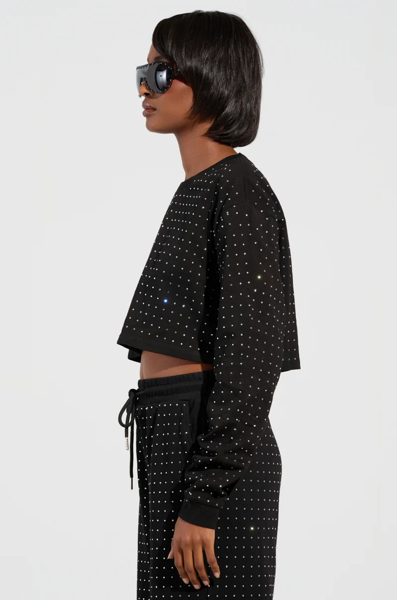 BUTTERCUP LONG SLEEVE RHINESTONE EMBELLISHED T-SHIRT IN BLACK - Image 3