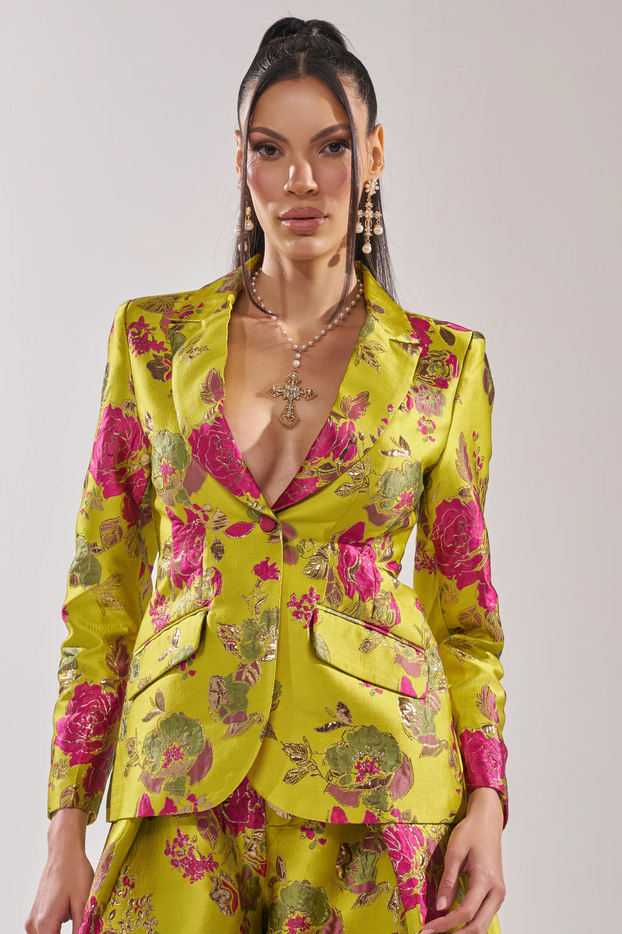 BUY MYSELF FLOWERS BROCADE BLAZER IN LIME - Image 2