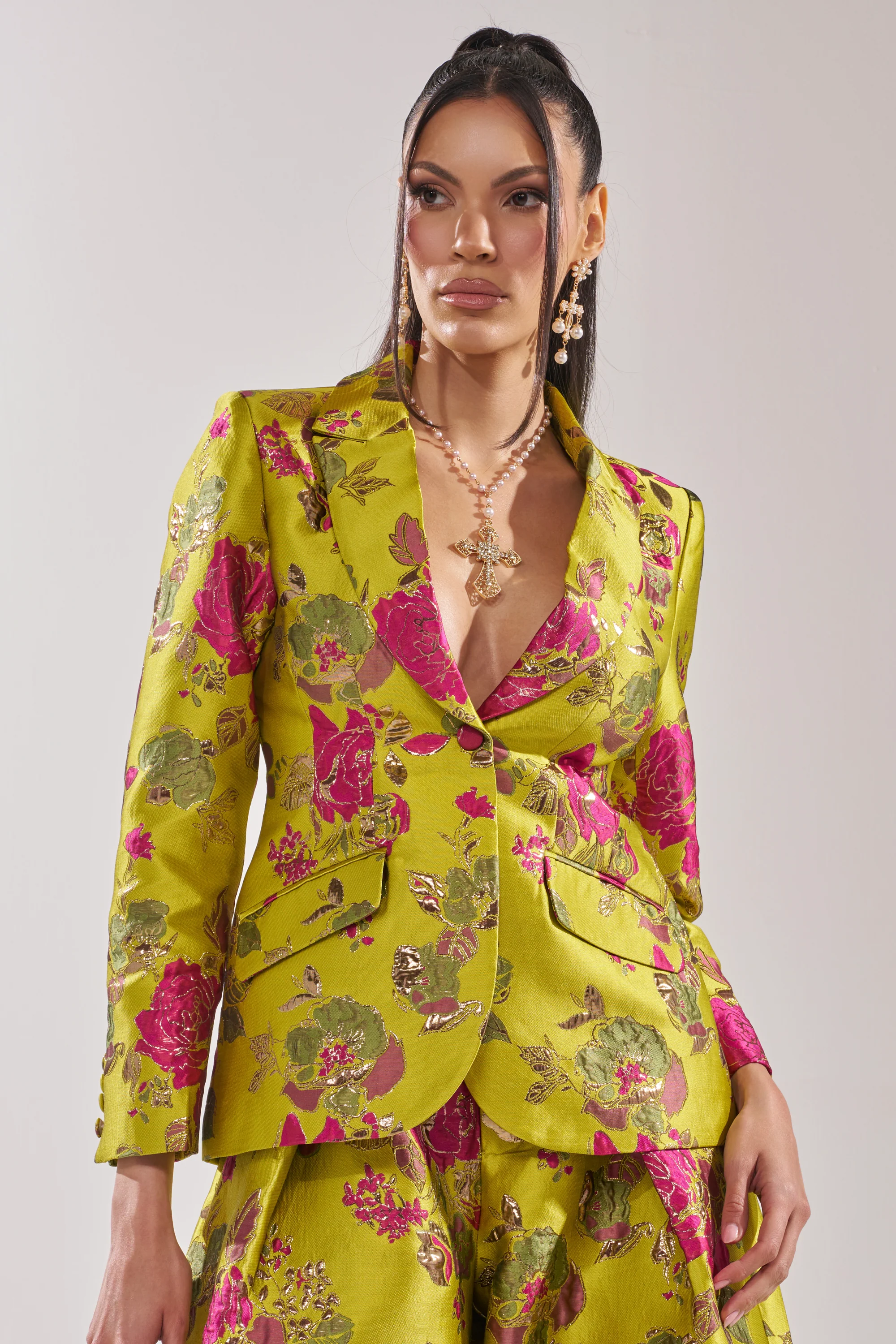 BUY MYSELF FLOWERS BROCADE BLAZER IN LIME - Image 3