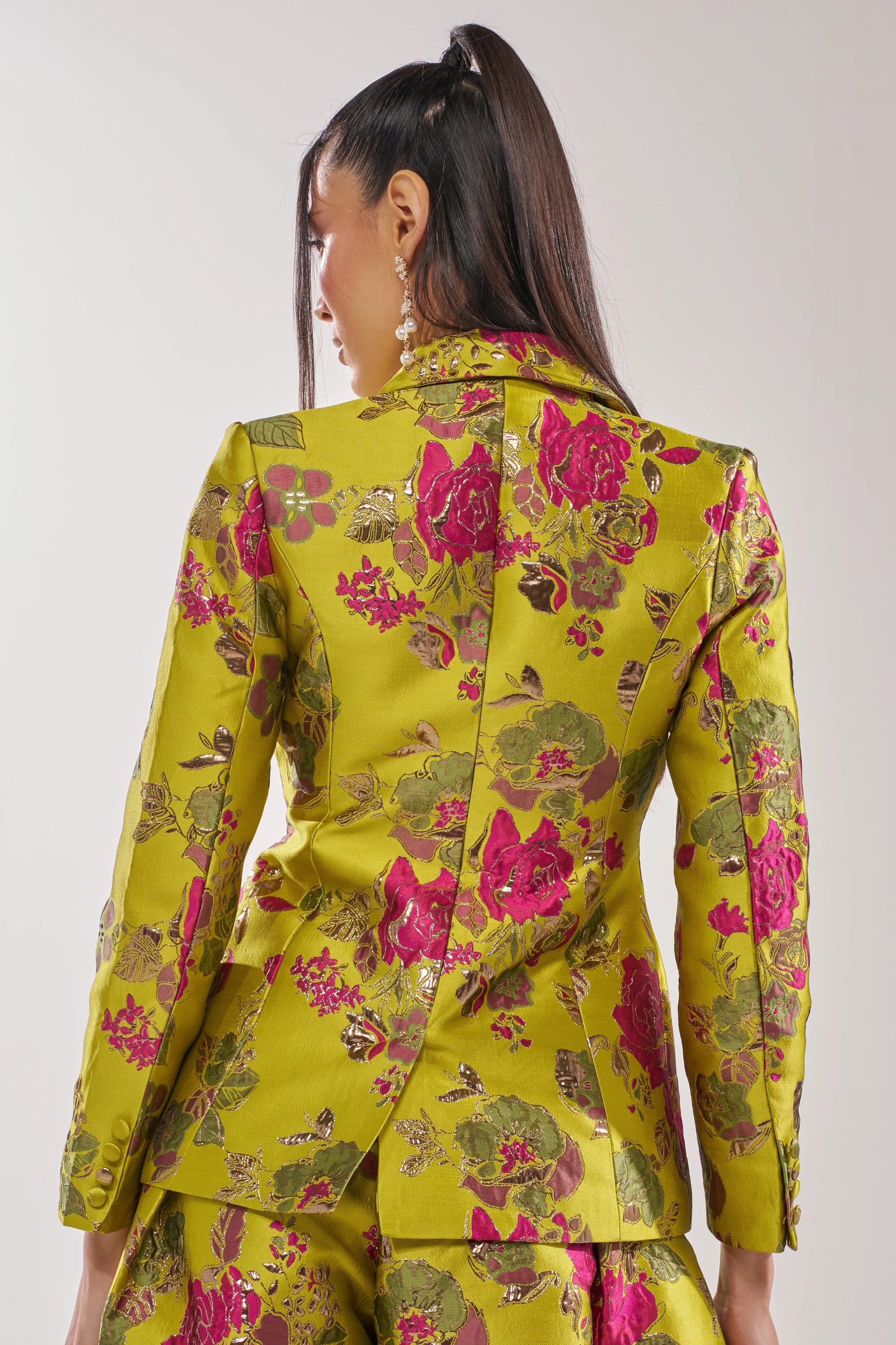 BUY MYSELF FLOWERS BROCADE BLAZER IN LIME - Image 5