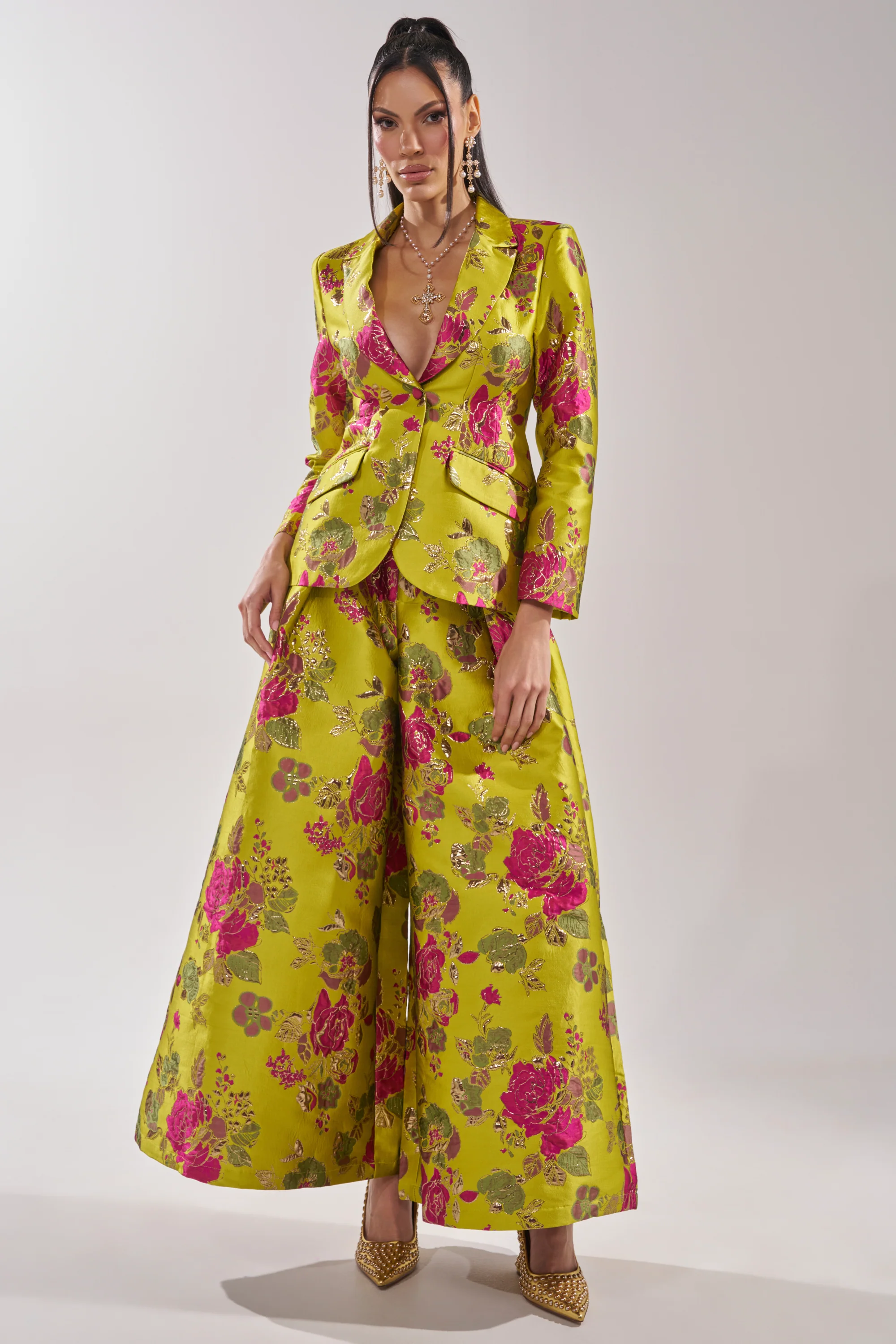 BUY MYSELF FLOWERS BROCADE BLAZER IN LIME - Image 6