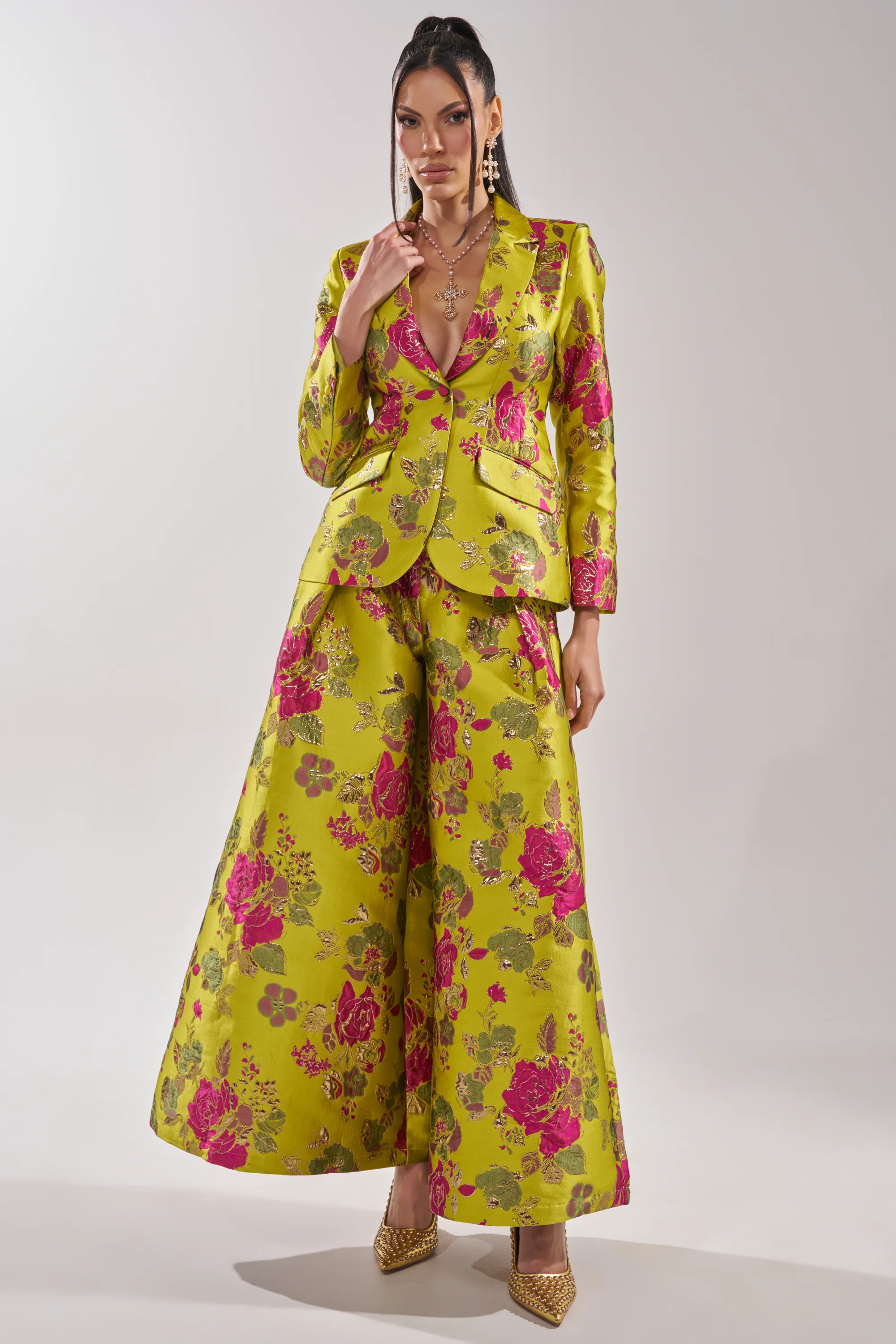 BUY MYSELF FLOWERS BROCADE BLAZER IN LIME - Image 8