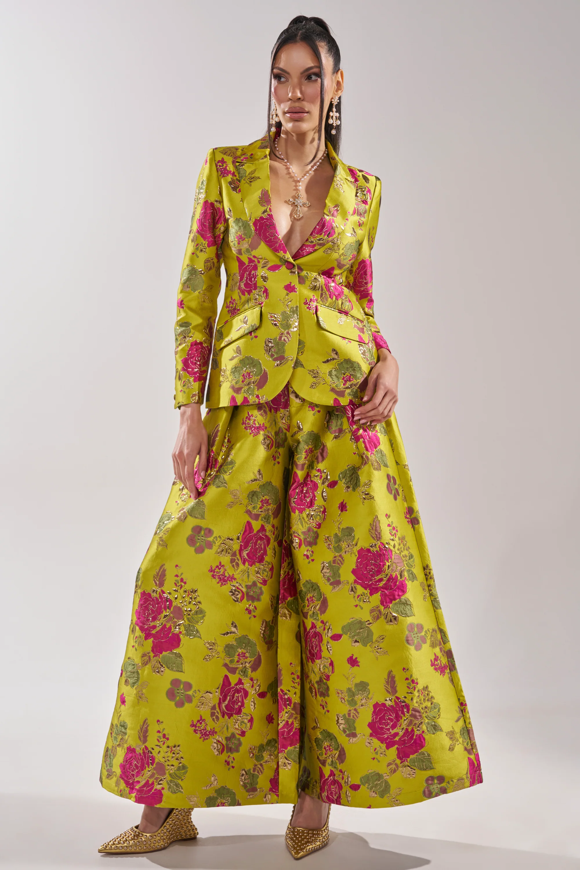 BUY MYSELF FLOWERS BROCADE BLAZER IN LIME - Image 9