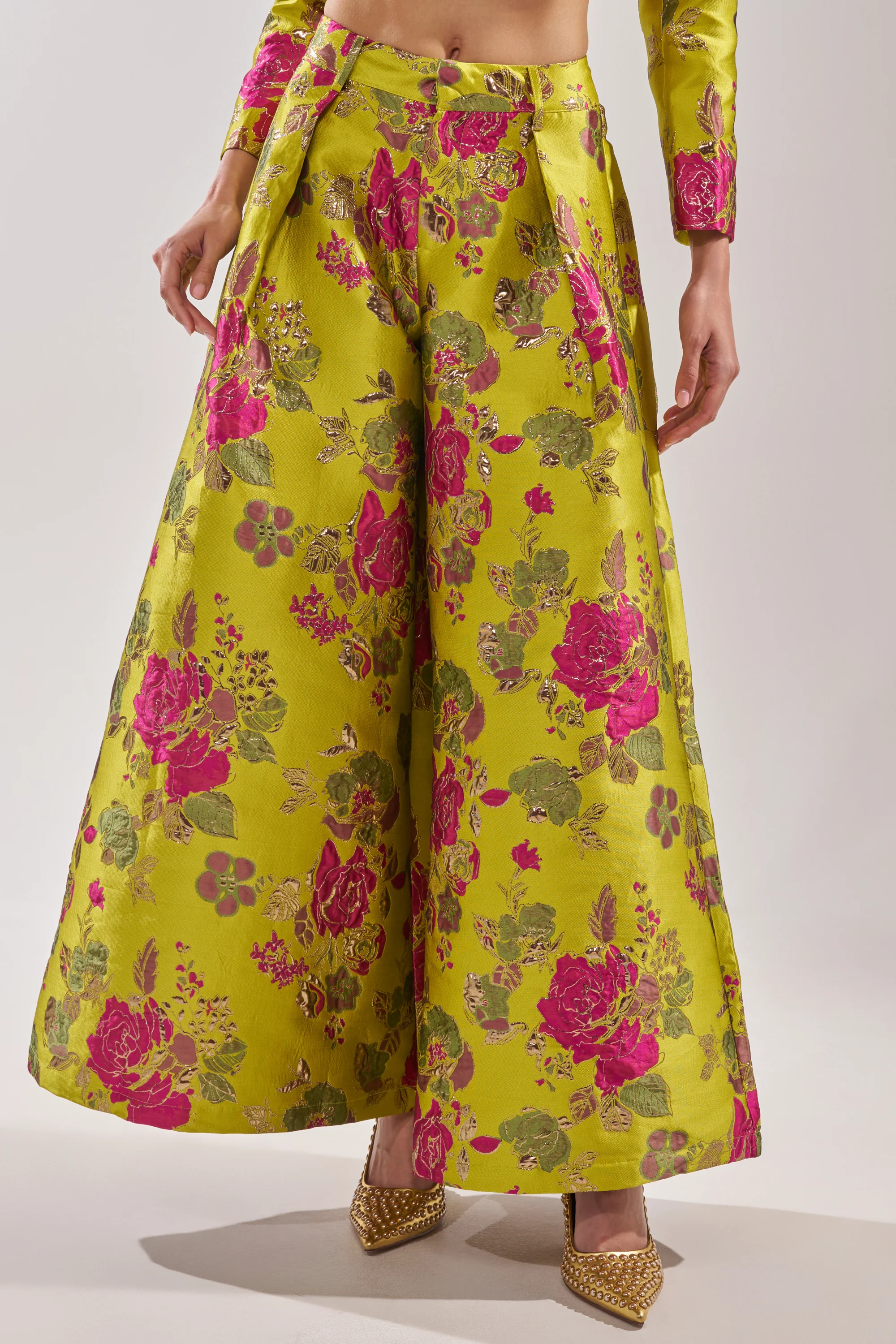 BUY MYSELF FLOWERS BROCADE TROUSER IN LIME - Image 2