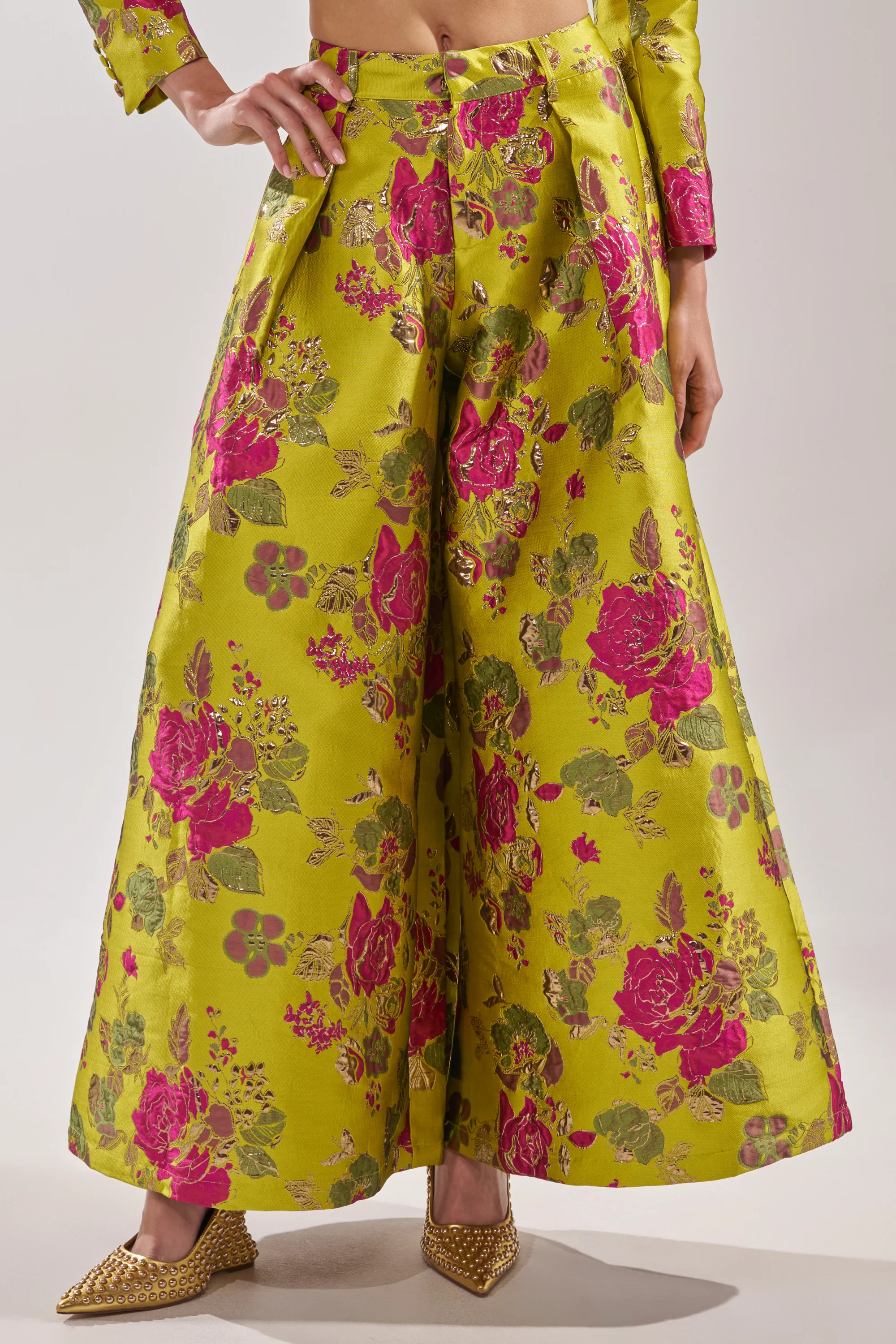 BUY MYSELF FLOWERS BROCADE TROUSER IN LIME - Image 3