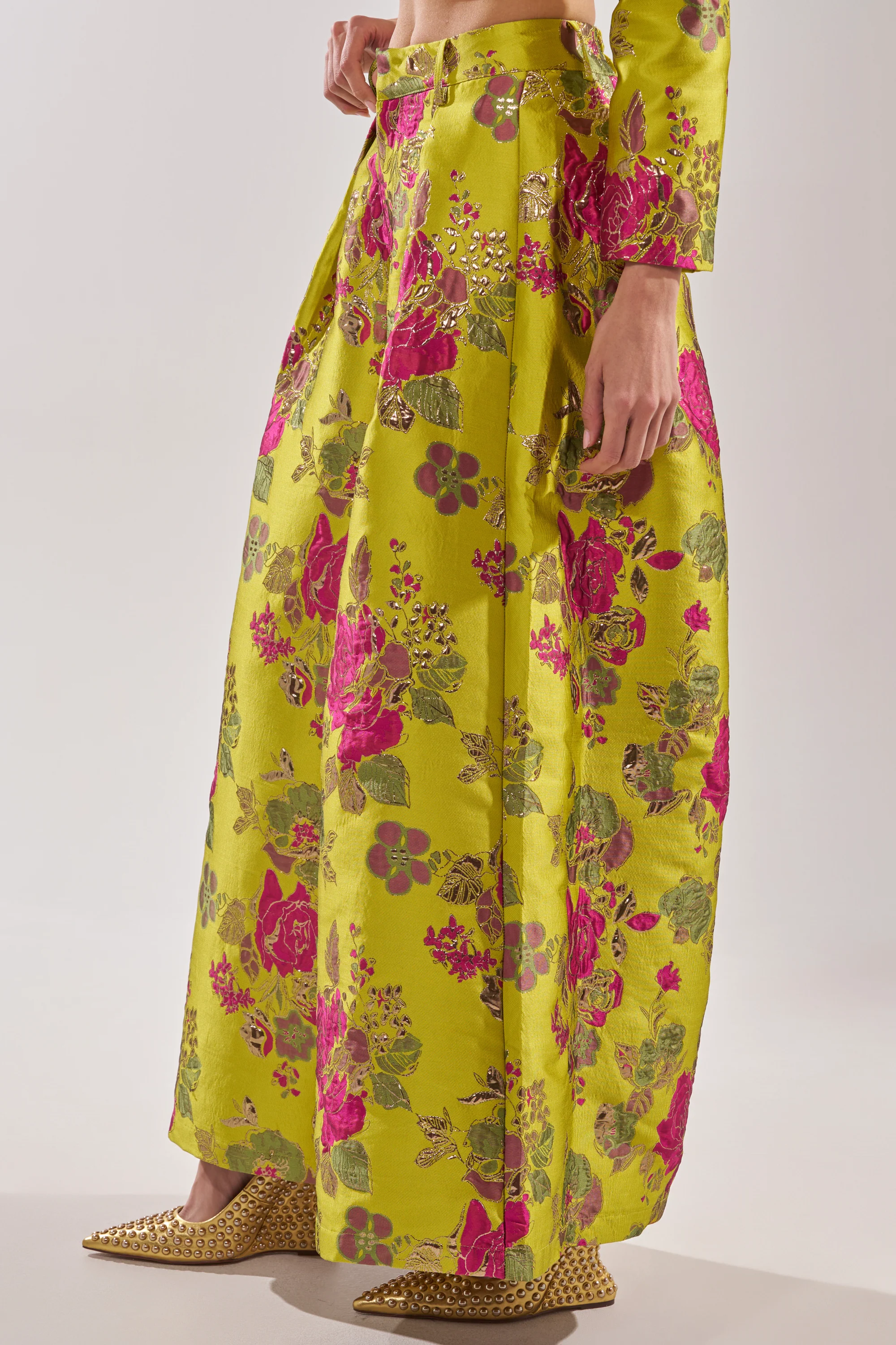 BUY MYSELF FLOWERS BROCADE TROUSER IN LIME - Image 4