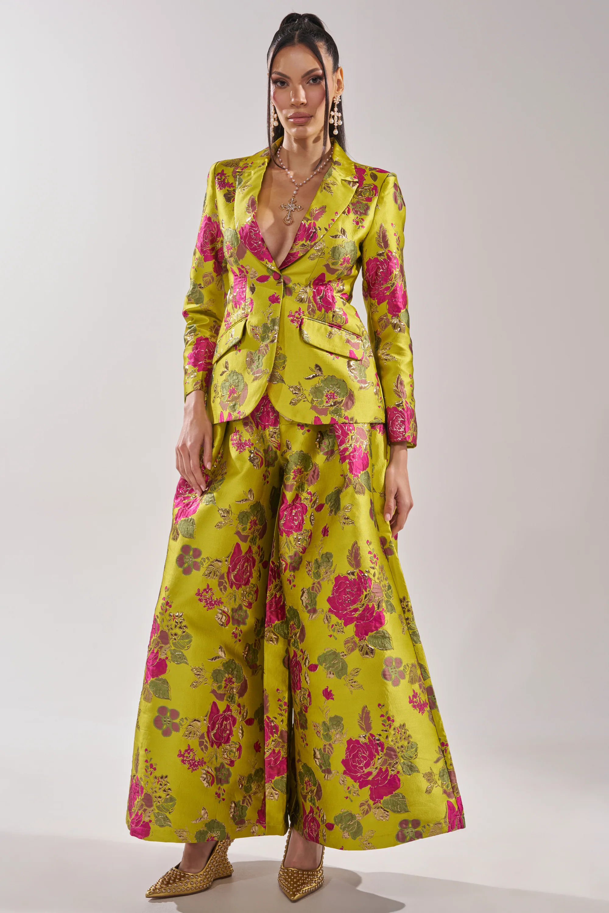BUY MYSELF FLOWERS BROCADE TROUSER IN LIME - Image 6