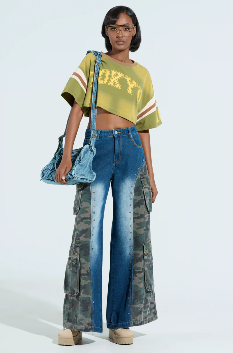CADET CRAZY CAMO AND DENIM WIDE LEG PANT - Image 4