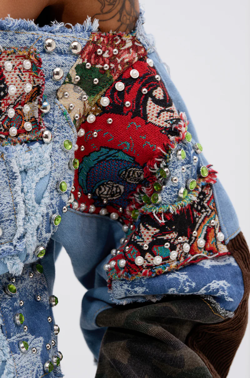 CALL ME CRAZY PATCHWORK OFF THE SHOULDER SWEATSHIRT - Image 9