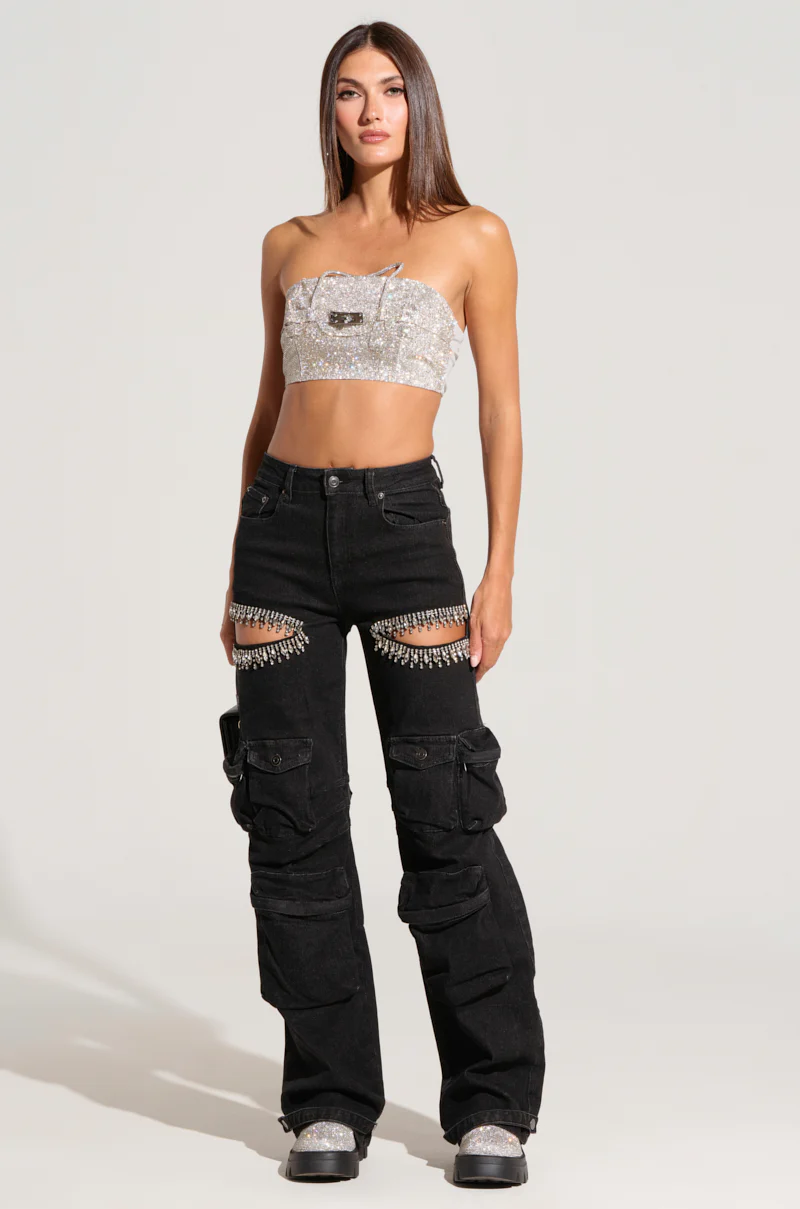 CALLING THE SHOTS CARGO DENIM WITH RHINESTONES IN BLACK - Image 2