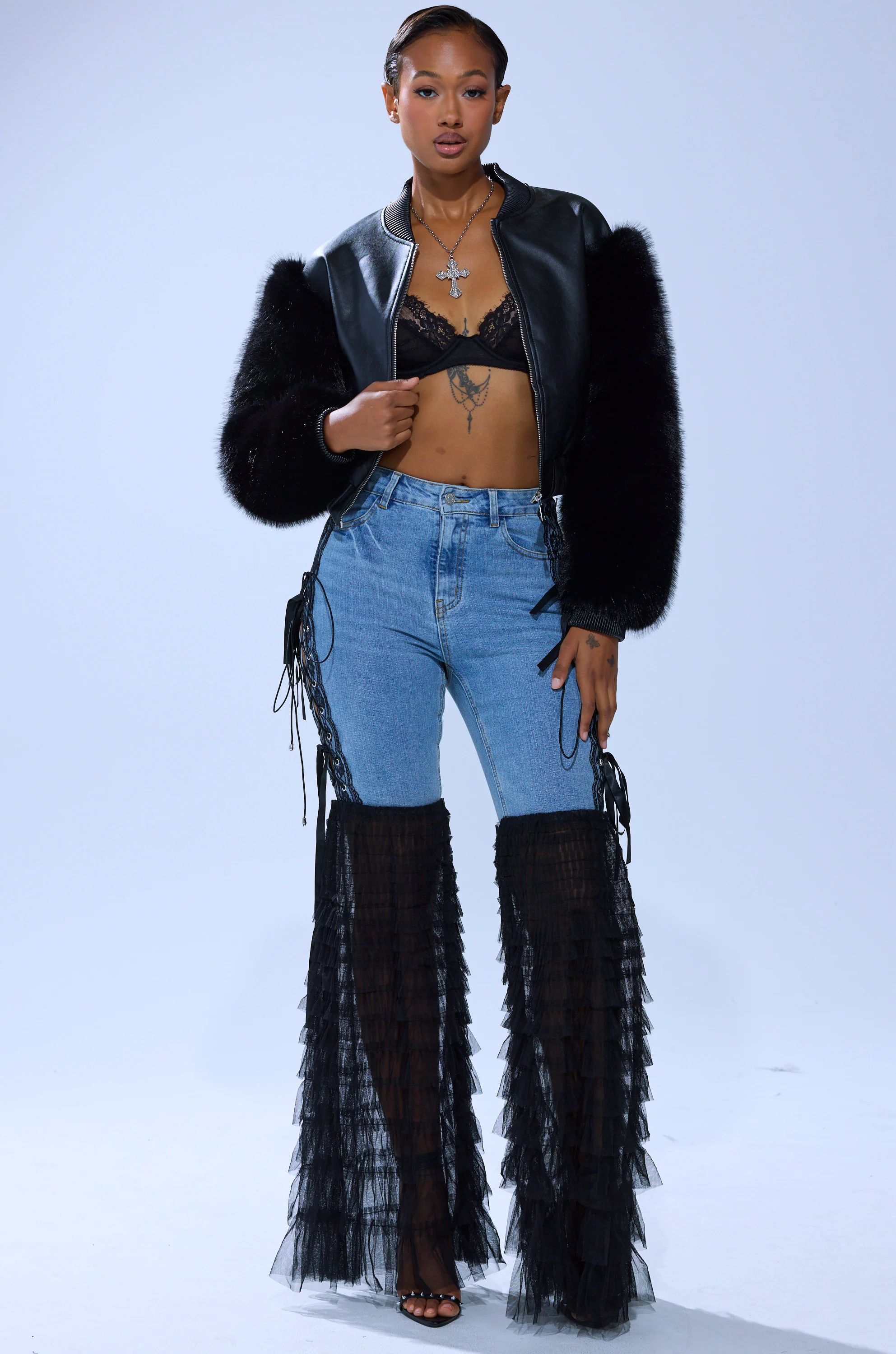 CAN'T DECIDE TULLE AND LACE DENIM JEANS - Image 7