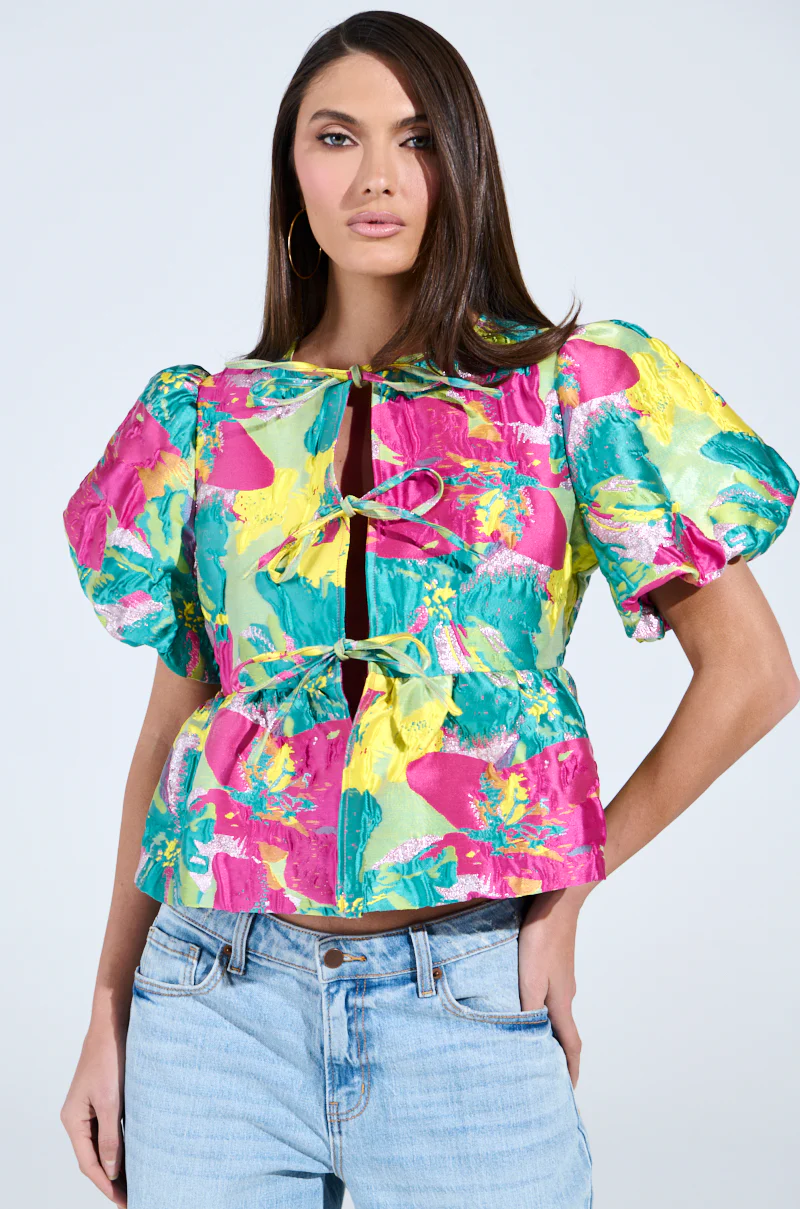 CARIBBEAN VIBES BROCADE TIE FRONT BLOUSE - Image 2