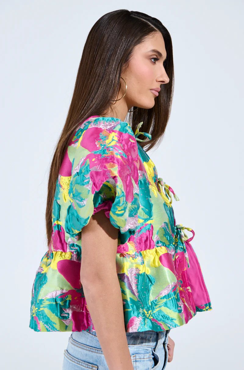 CARIBBEAN VIBES BROCADE TIE FRONT BLOUSE - Image 3