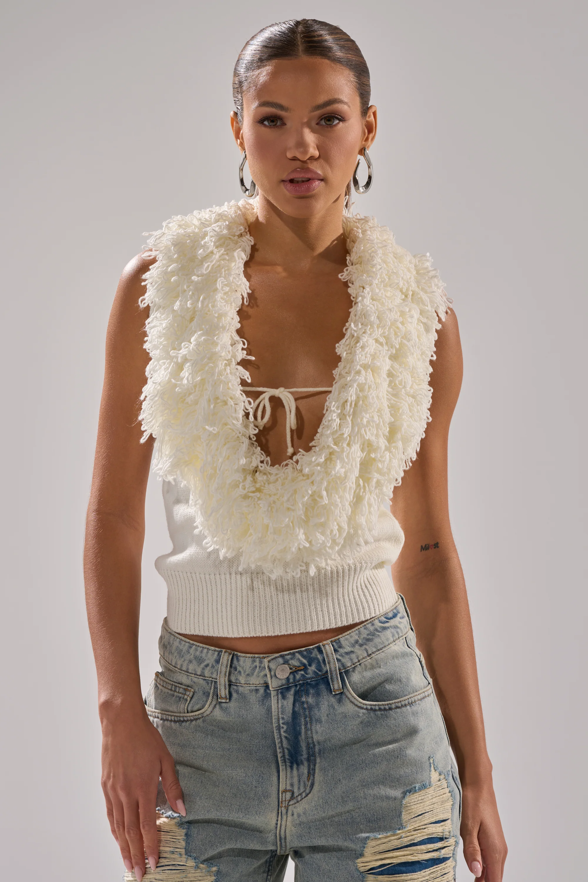 CARLY FRINGE OPEN FRONT SWEATER IN IVORY - Image 2
