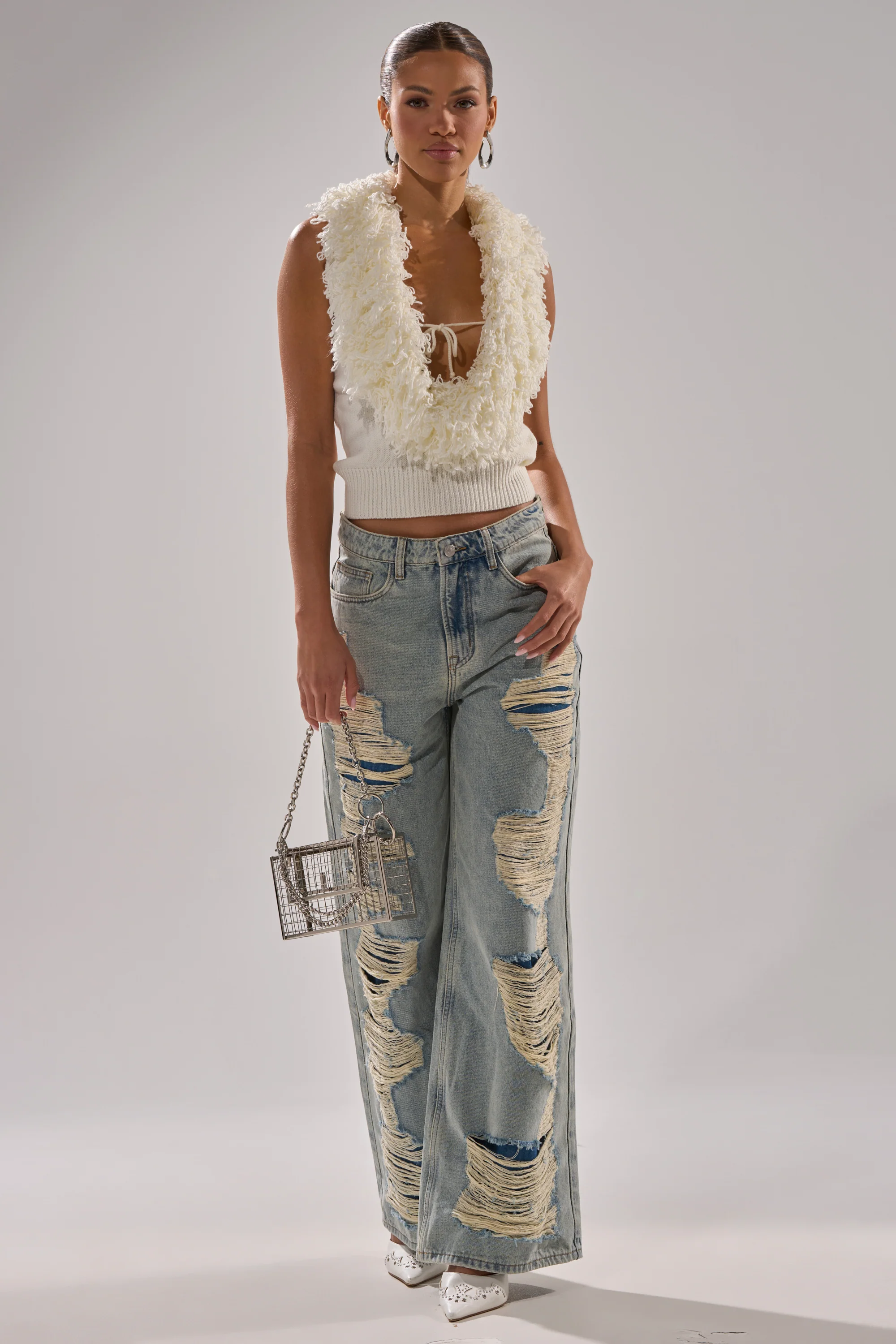 CARLY FRINGE OPEN FRONT SWEATER IN IVORY - Image 5