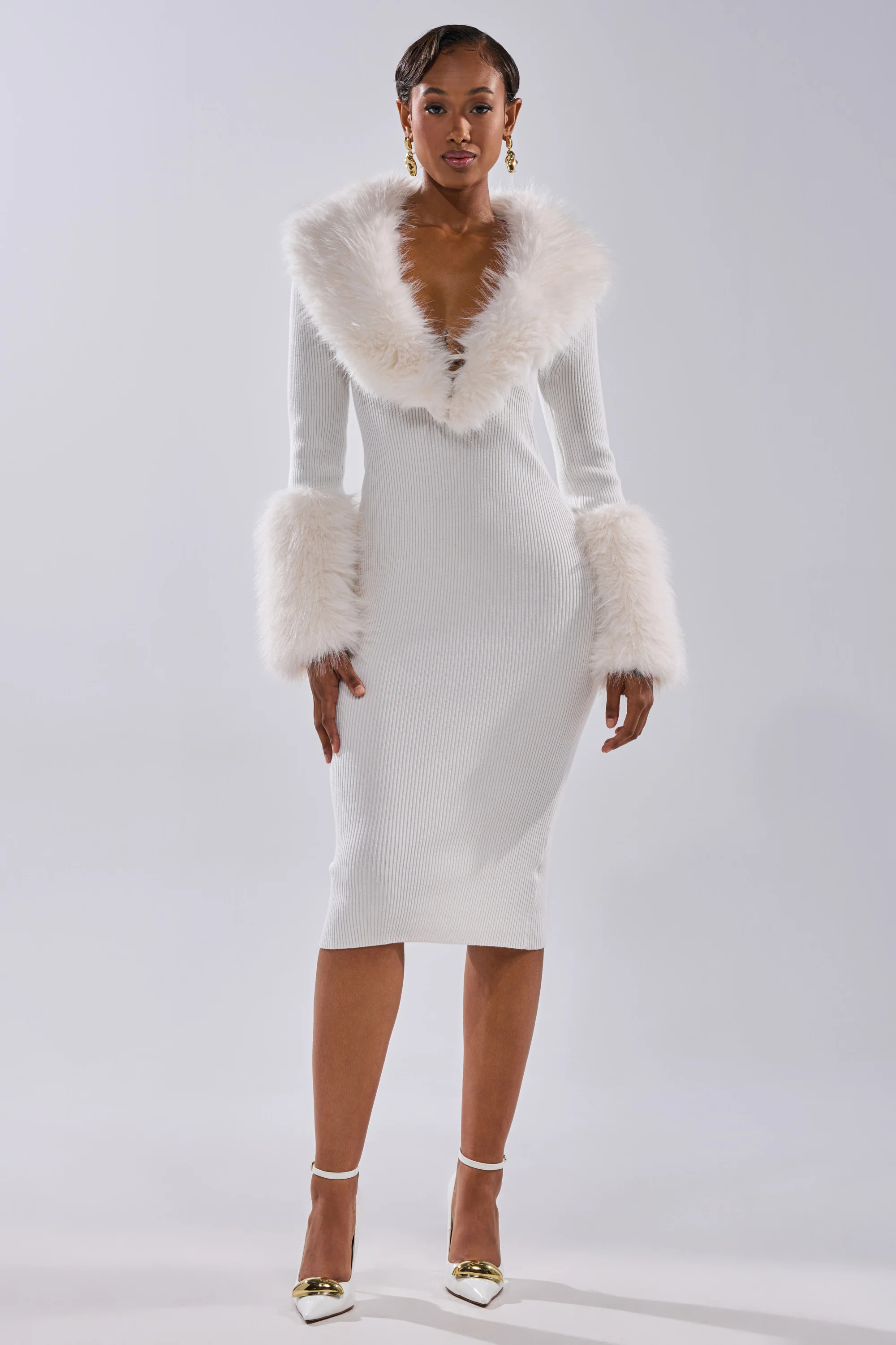 CELINE SWEATER MIDI DRESS WITH FUR TRIM - Image 9