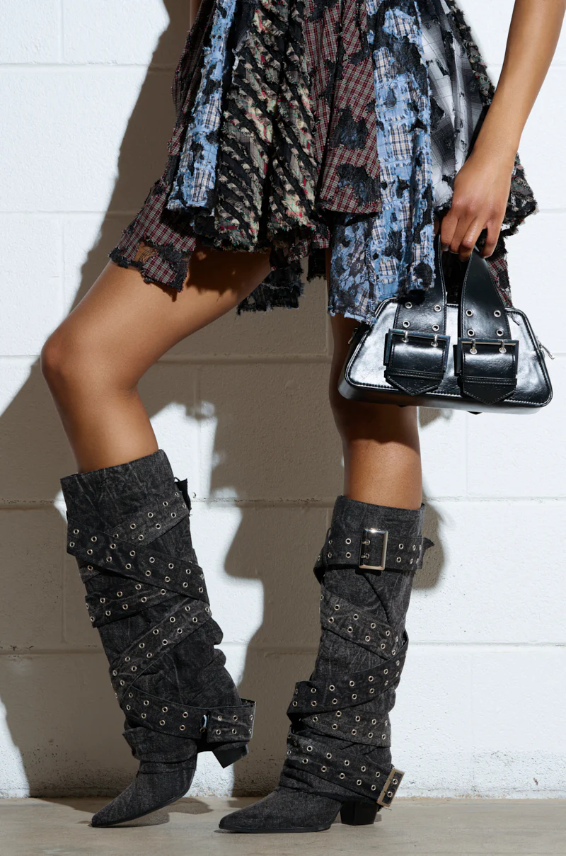 CENSORED BLACK DENIM BELTED CHUNKY BOOT - Image 2