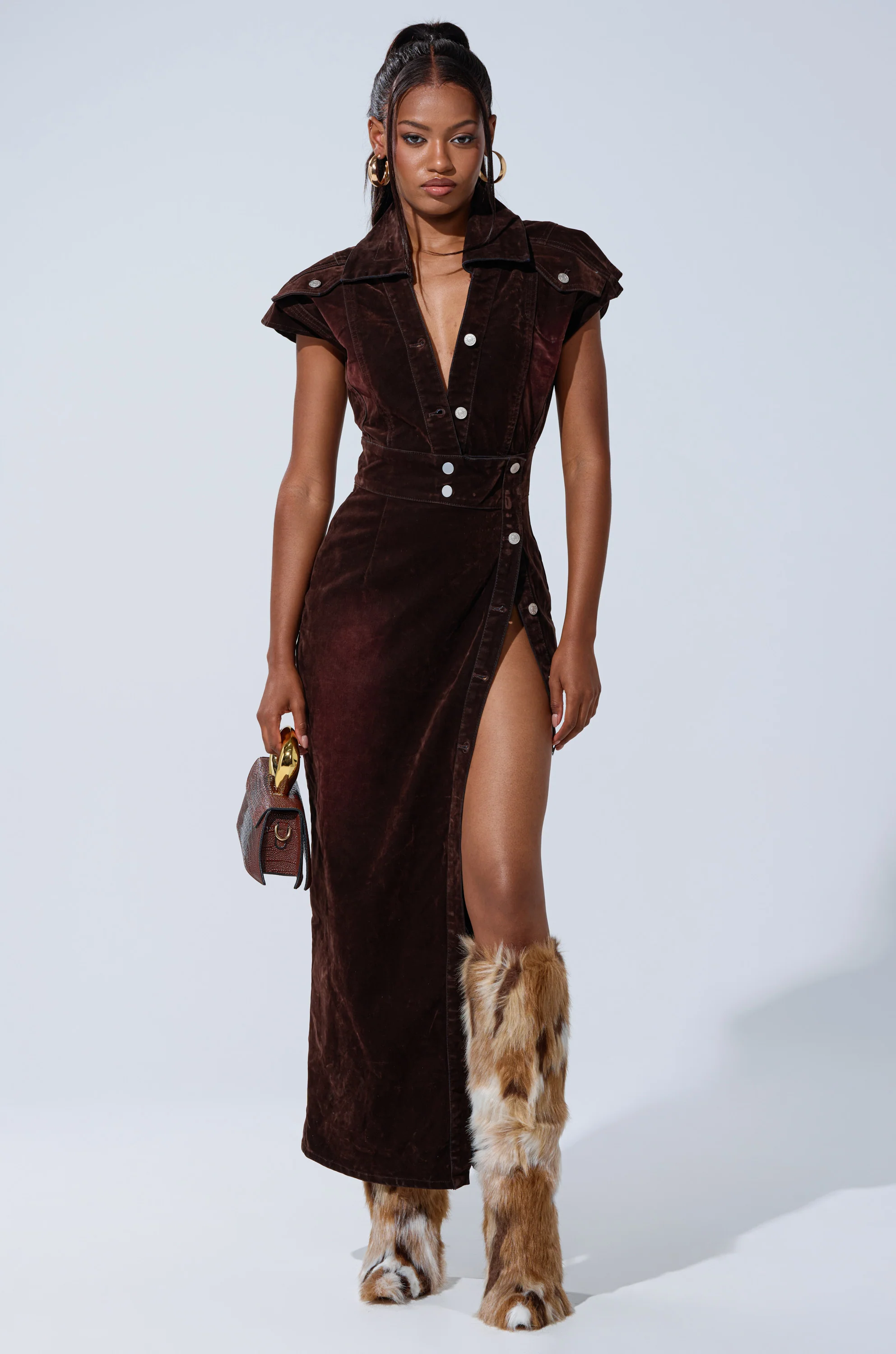 CHELSEA BUTTON DOWN MAXI DRESS IN VELVET DENIM