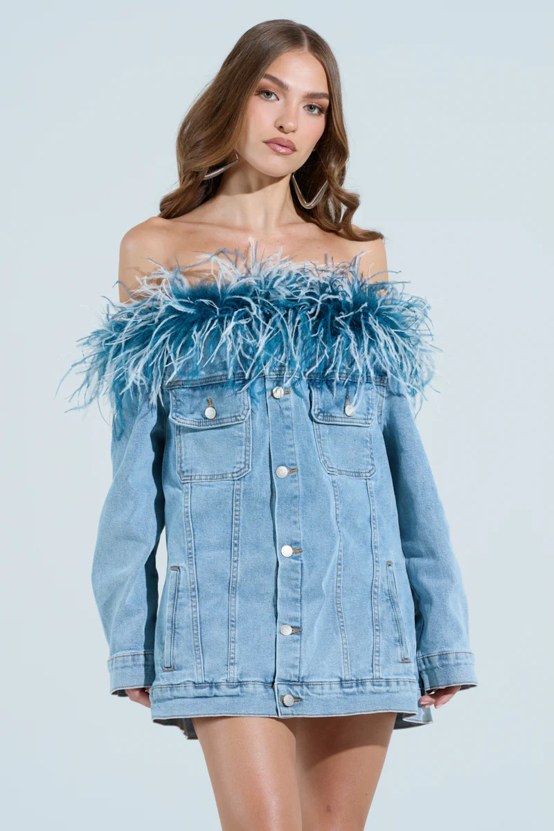 CHIC AF DENIM MINI DRESS WITH FEATHERS - Image 5