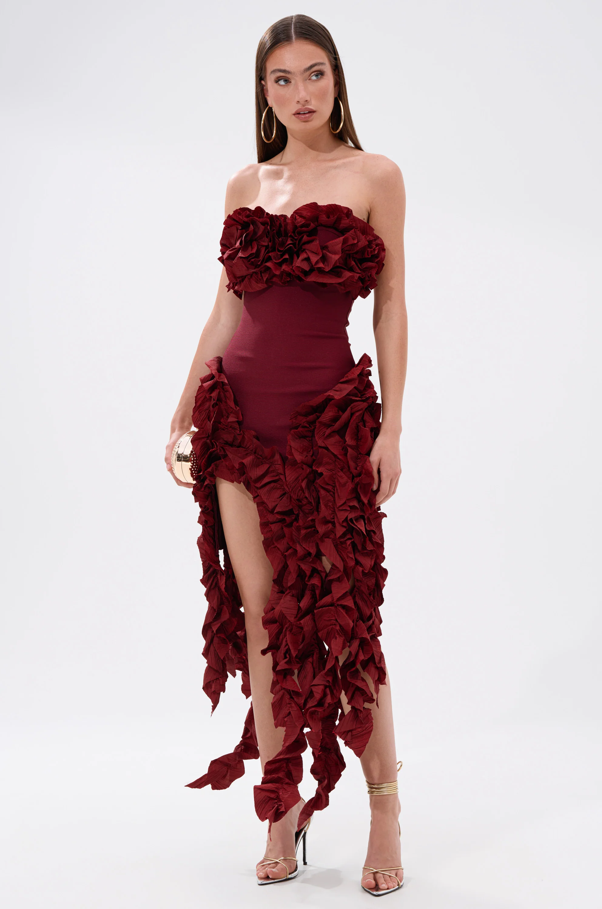 CITY LIGHTS RUFFLE MIDI DRESS IN BURGUNDY - Image 2