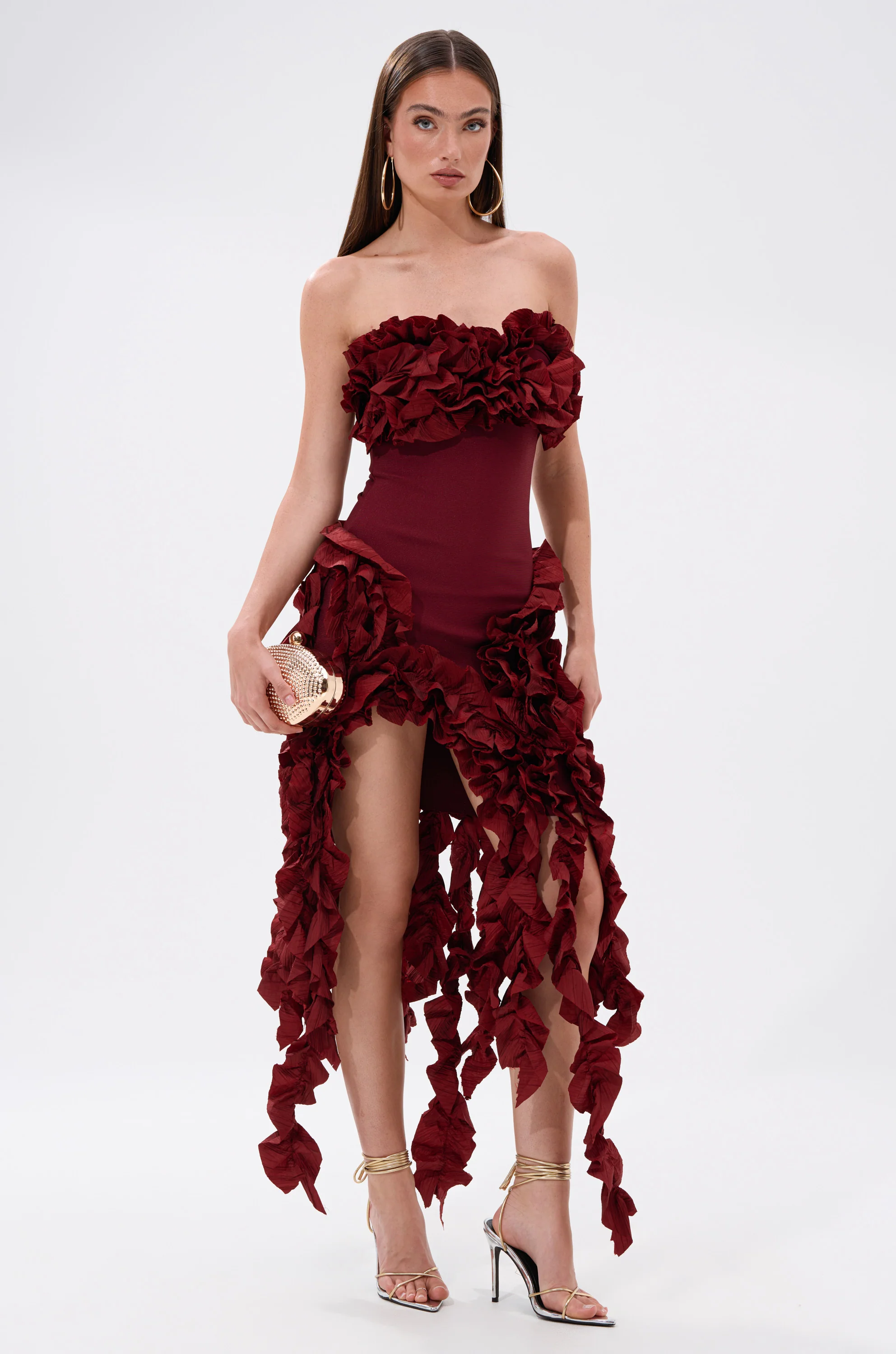 CITY LIGHTS RUFFLE MIDI DRESS IN BURGUNDY - Image 3