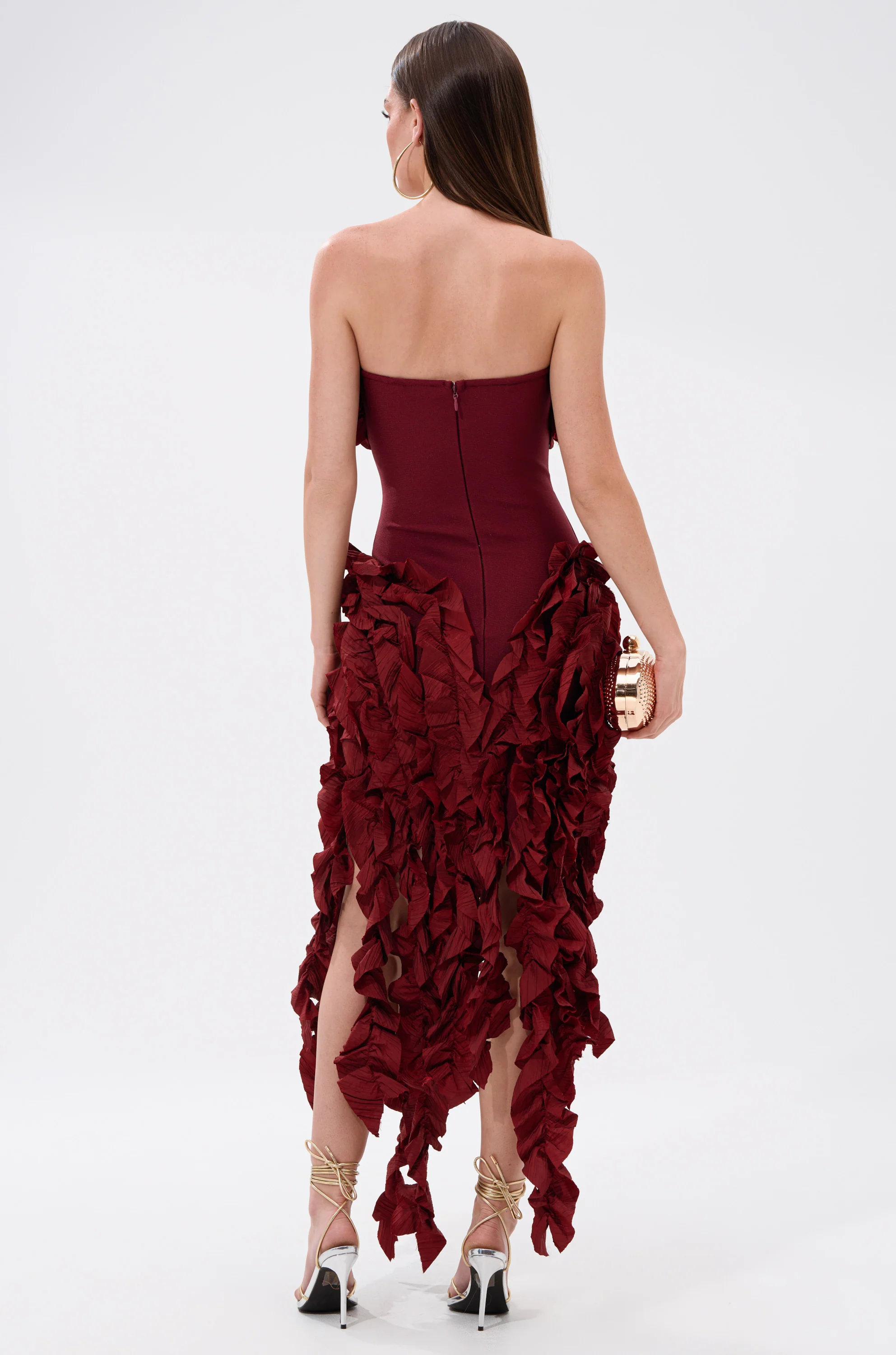 CITY LIGHTS RUFFLE MIDI DRESS IN BURGUNDY - Image 6