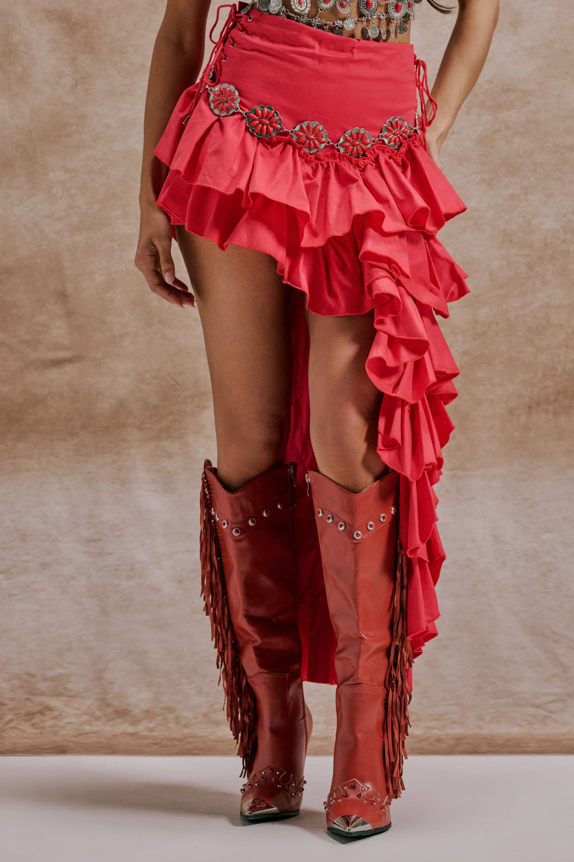 CLAIRE HIGH LOW RUFFLE SKIRT IN RED - Image 2