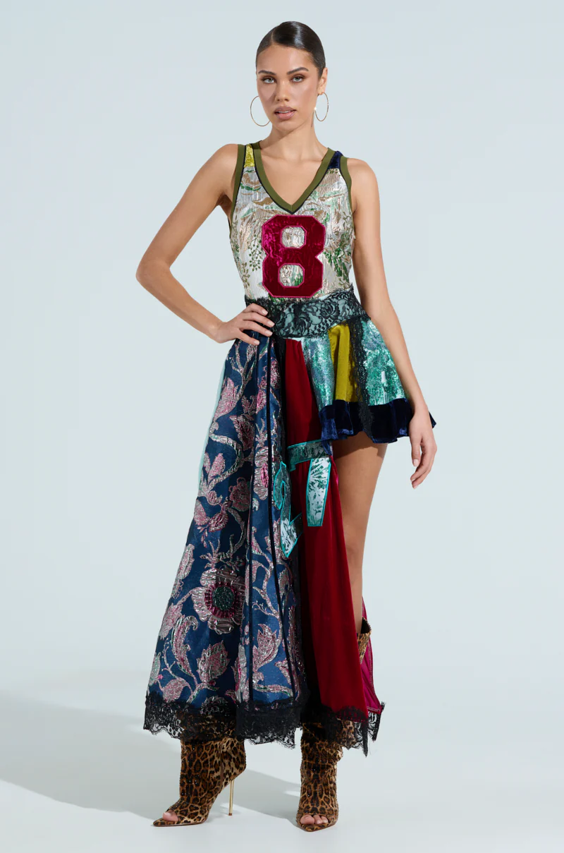 CLEAT CHASER LAYERED JERSEY HIGH LOW DRESS IN BROCADE - Image 3