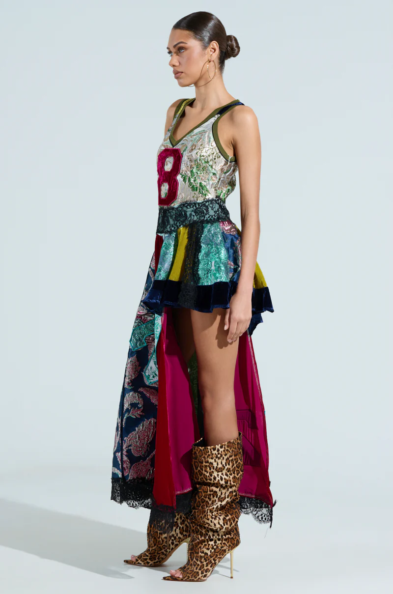 CLEAT CHASER LAYERED JERSEY HIGH LOW DRESS IN BROCADE - Image 4