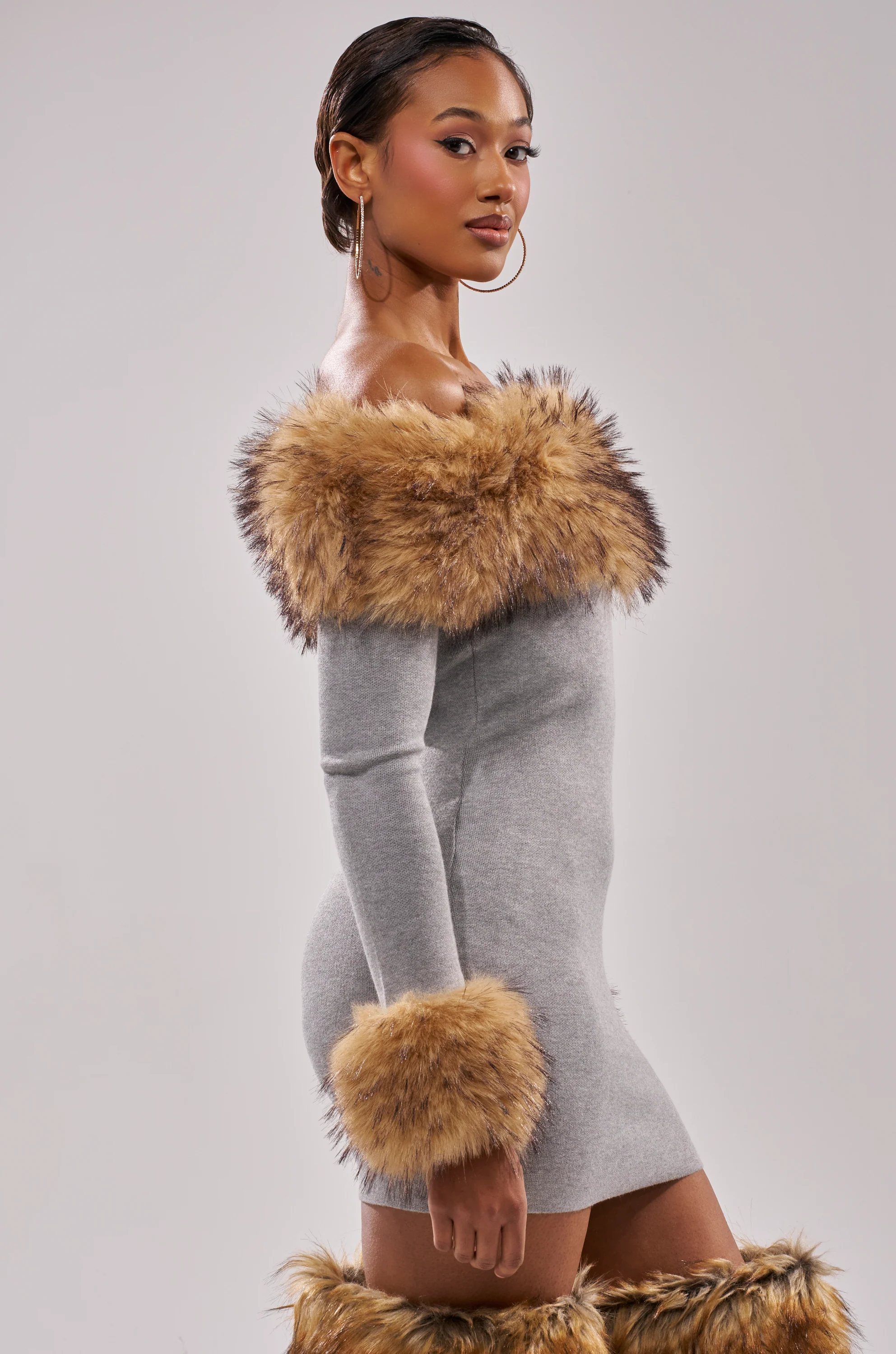COMFY COZY FUR TRIM MINI DRESS IN GREY - Image 2